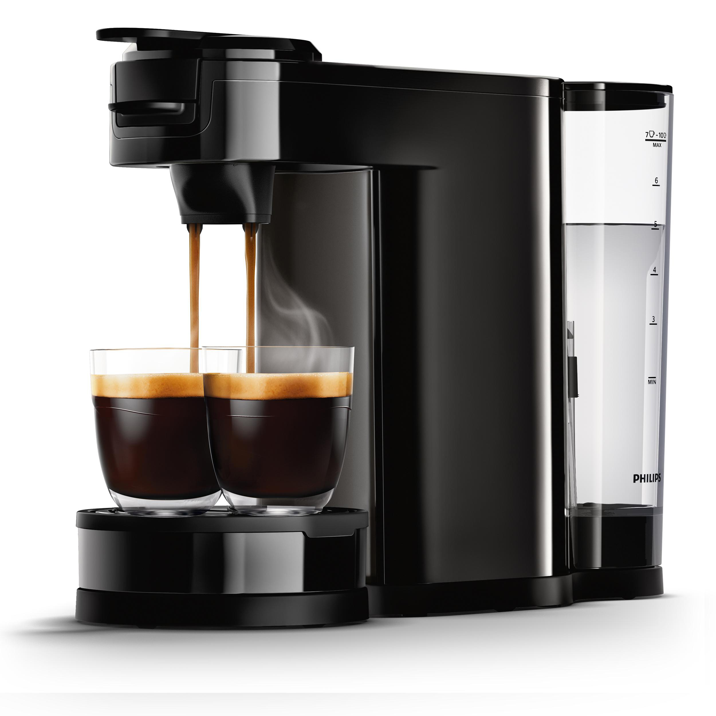 Schwarze Philips Senseo Kaffeemaschine, die Kaffee in zwei Gläser brüht.