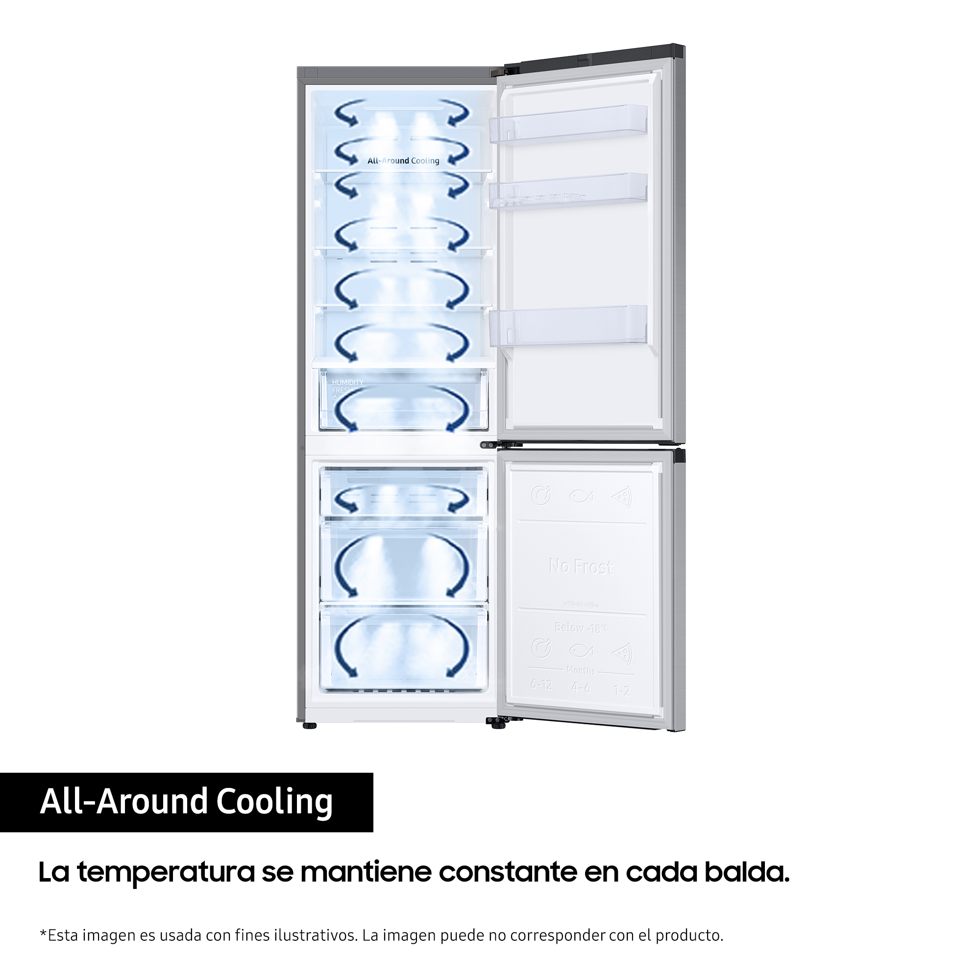 Nevera abierta con refrigeración envolvente, mostrando estantes y cajones.