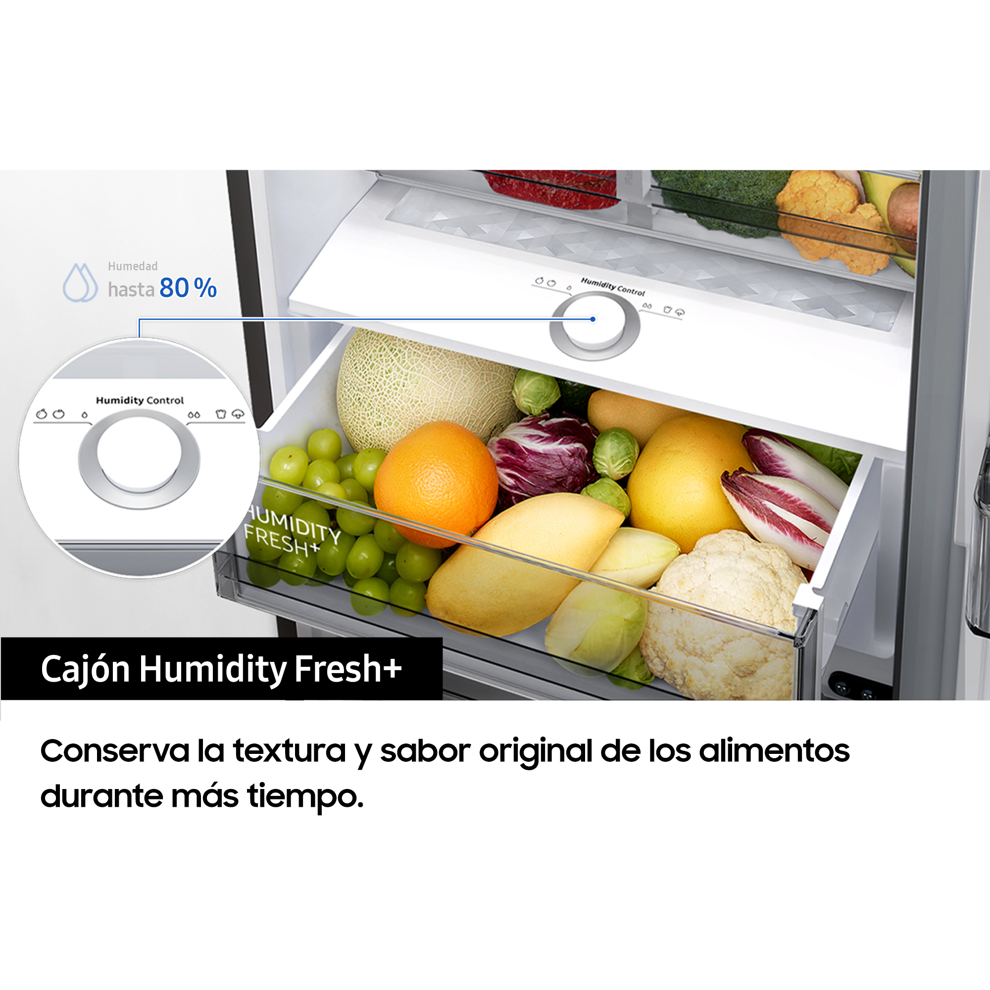 Cajón de nevera con frutas y verduras. Control de humedad, hasta el 80%.