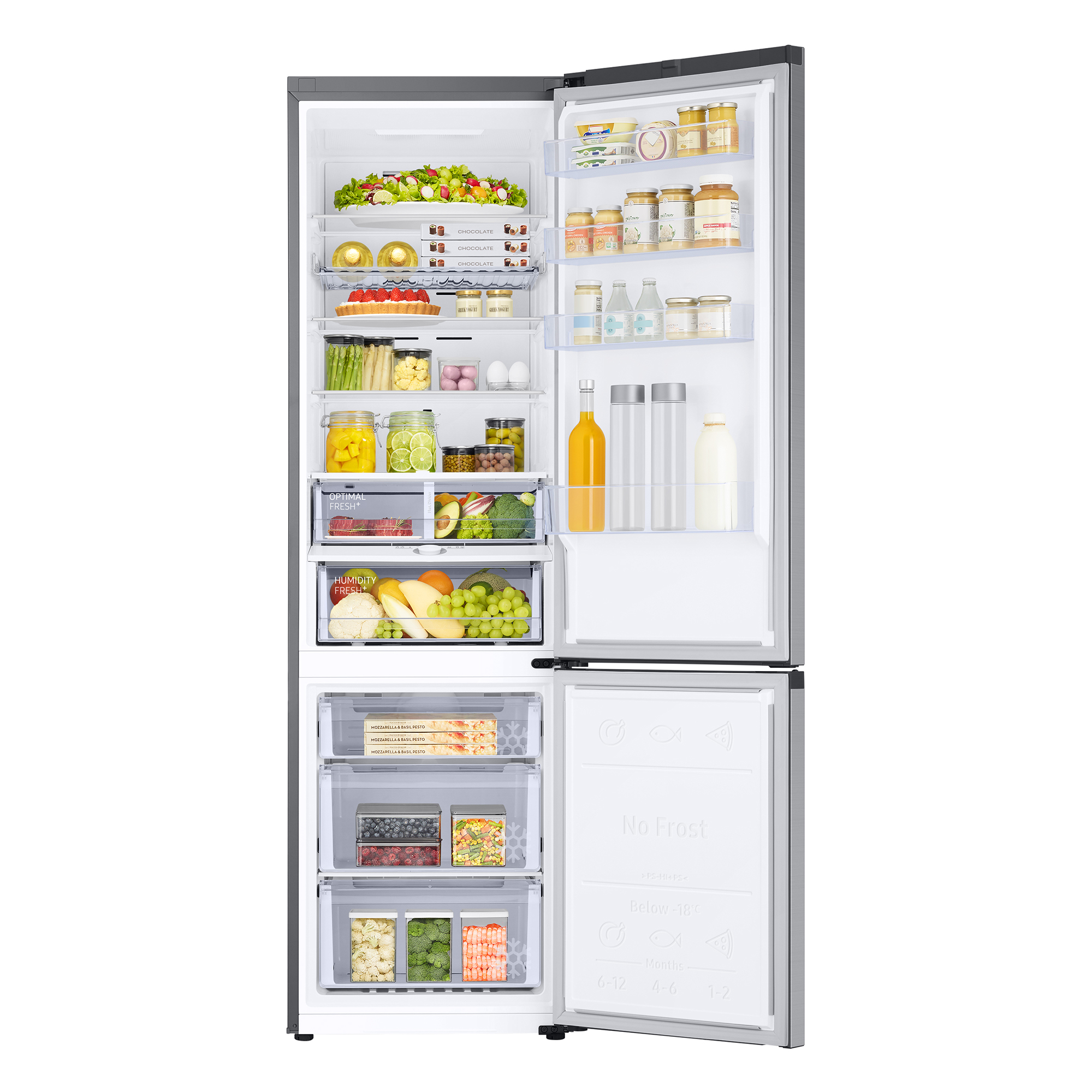Refrigerador abierto con alimentos en diferentes compartimentos. Incluye verduras, frutas y lácteos.