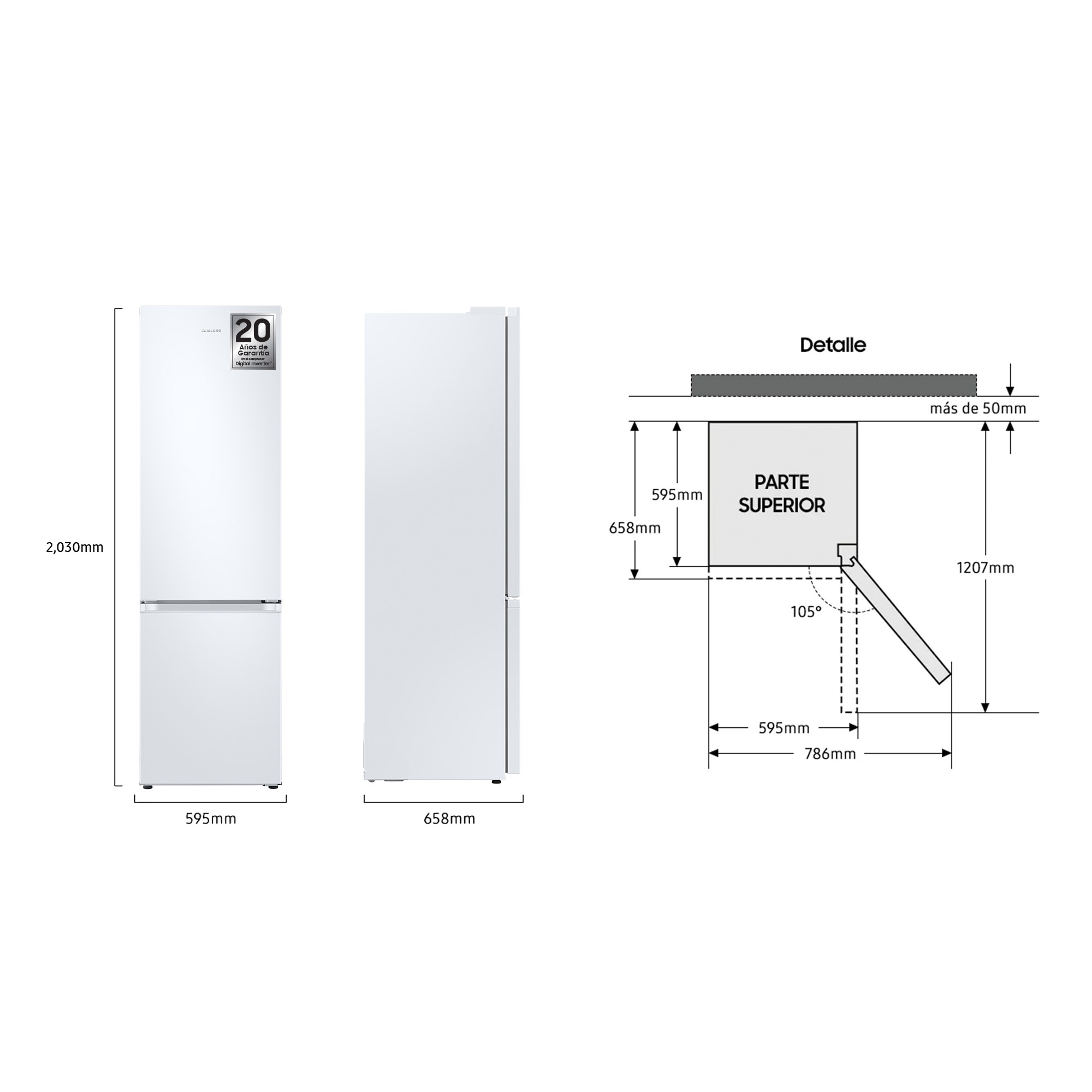 Refrigerador blanco con medidas y un diagrama. Vista lateral y frontal.