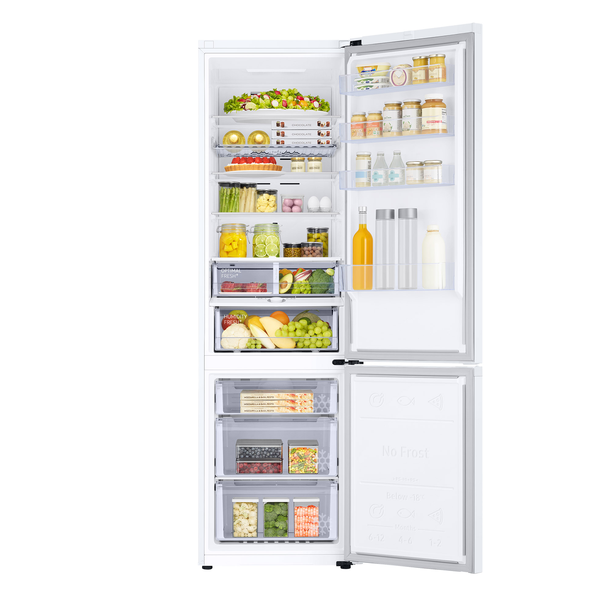 Un refrigerador blanco con las puertas abiertas. En el interior, hay varios alimentos, organizados en estantes.