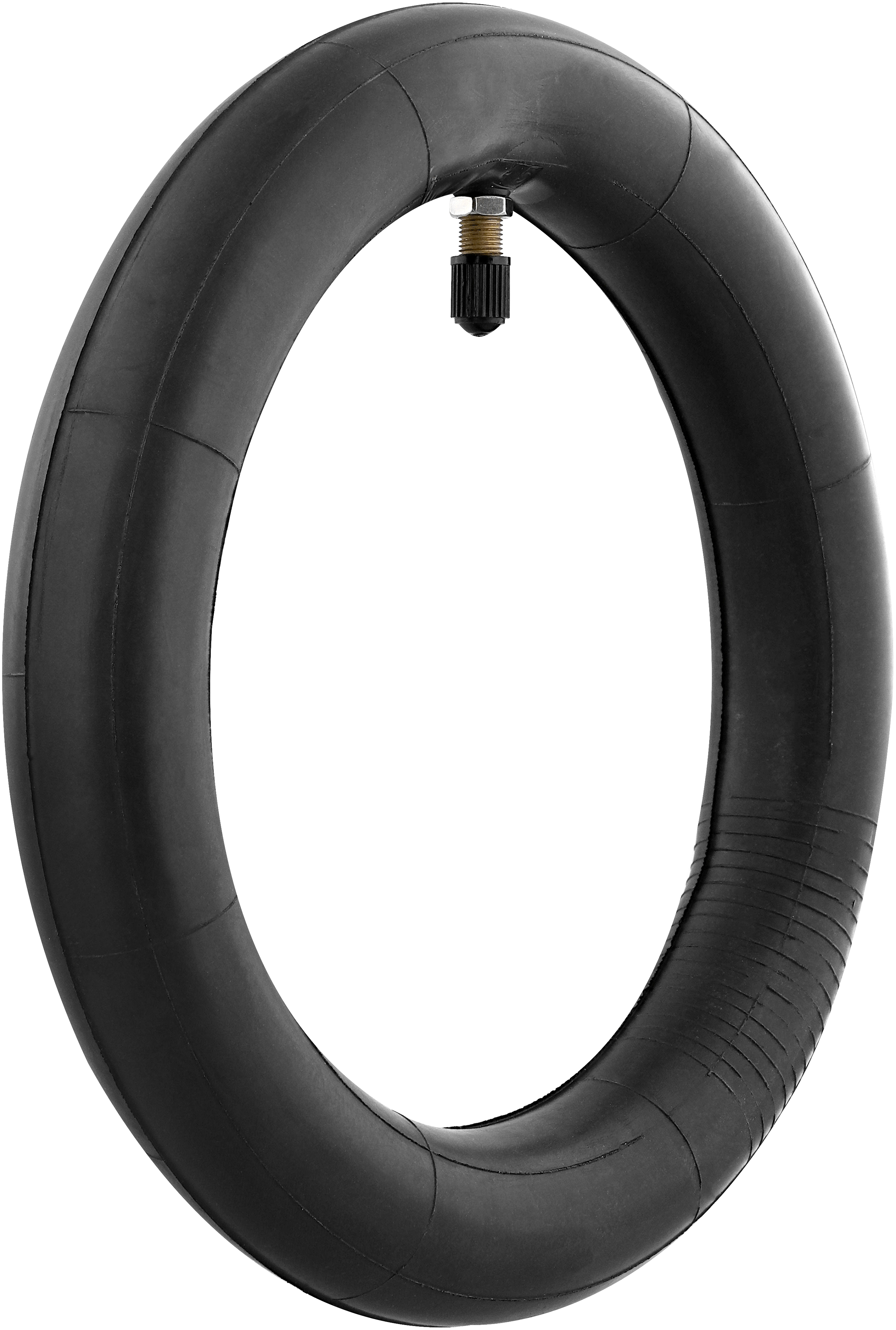 Chambre à air noire, forme circulaire, avec une valve.