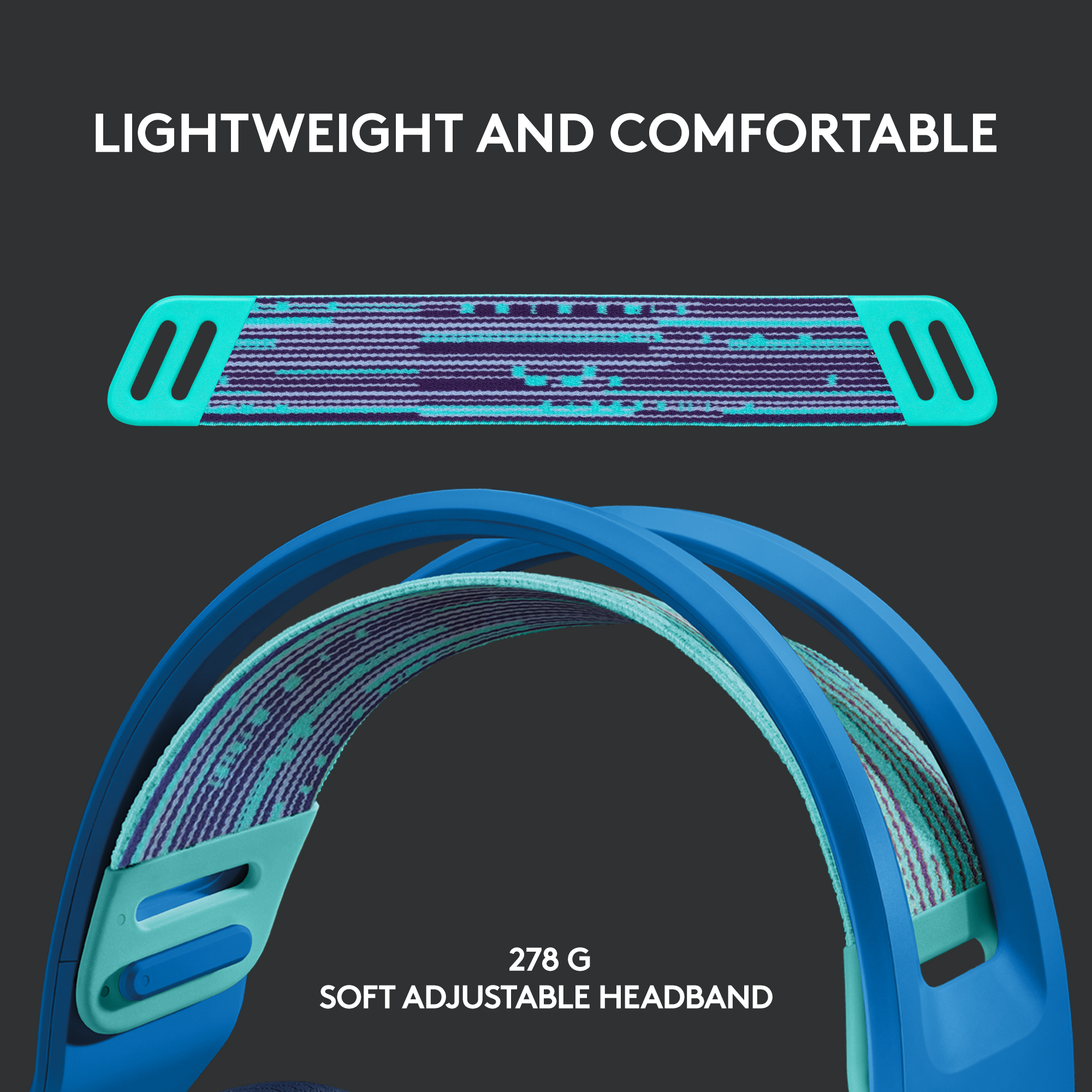 Casque bleu et turquoise avec un bandeau à motifs et le texte : 'LIGHTWEIGHT AND COMFORTABLE'.