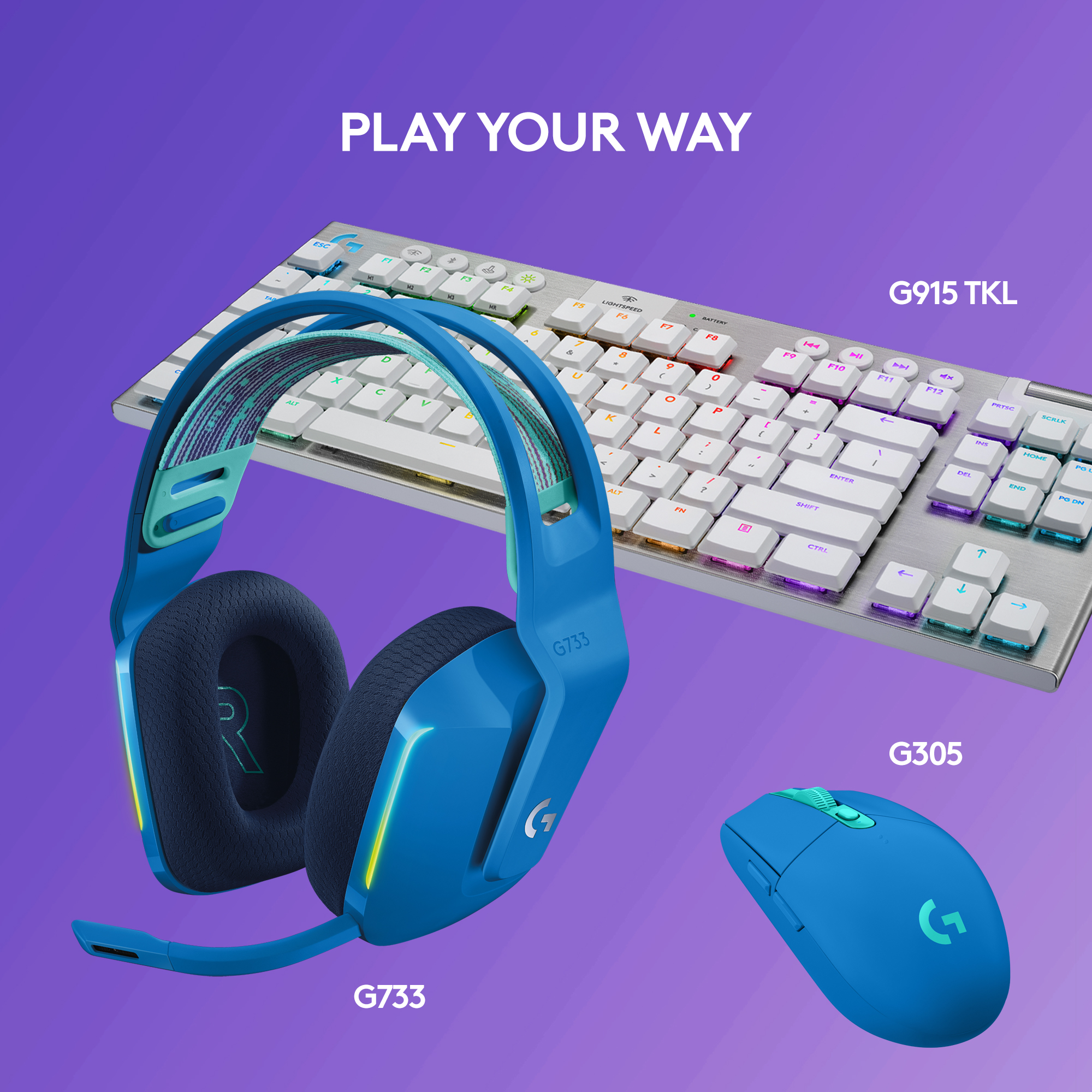 Une configuration de jeu bleue, comprenant un casque, un clavier et une souris. Le texte dit : Jouez à votre façon.