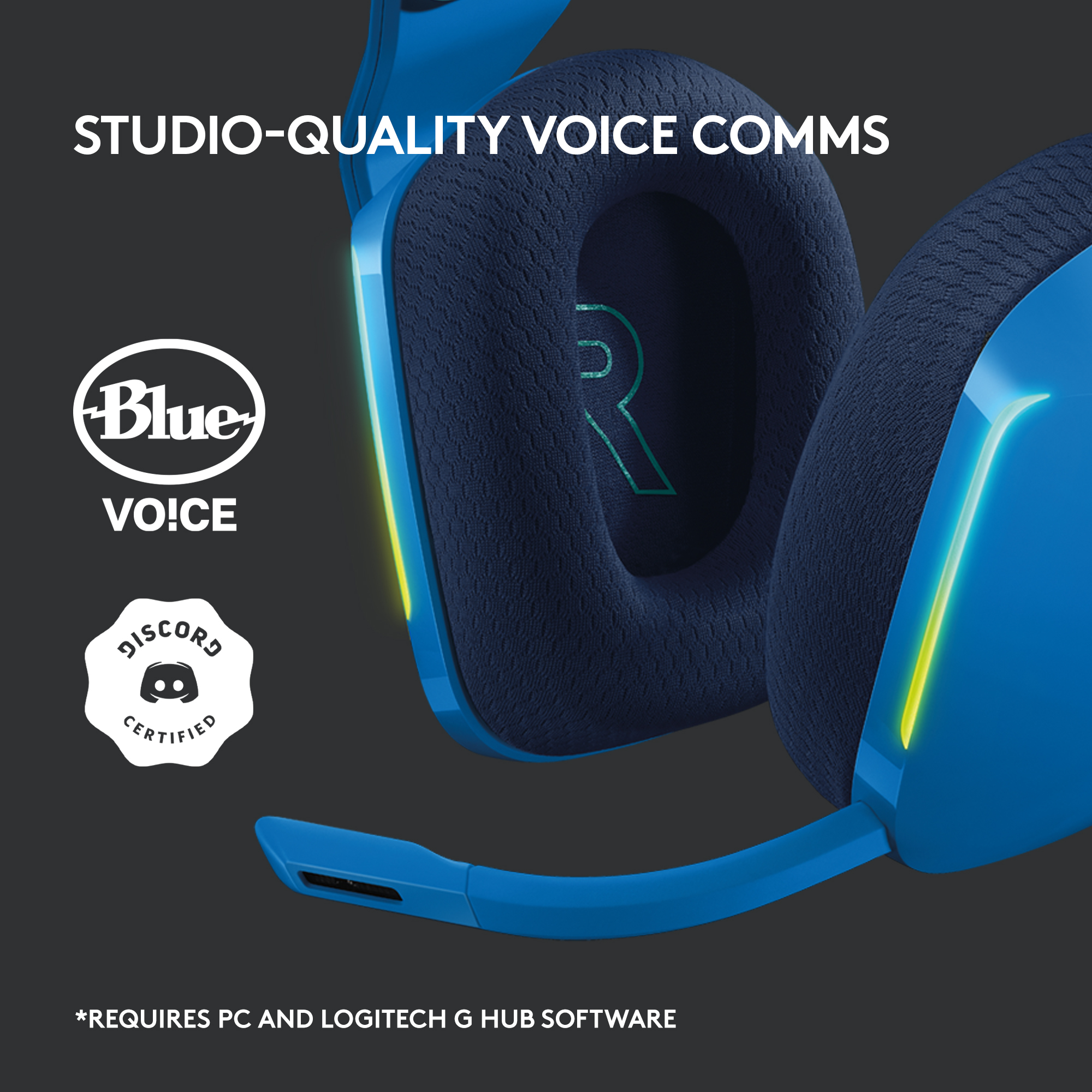 Casque gaming bleu avec micro. Blue Voice et certifié Discord. Nécessite PC et Logitech G Hub.