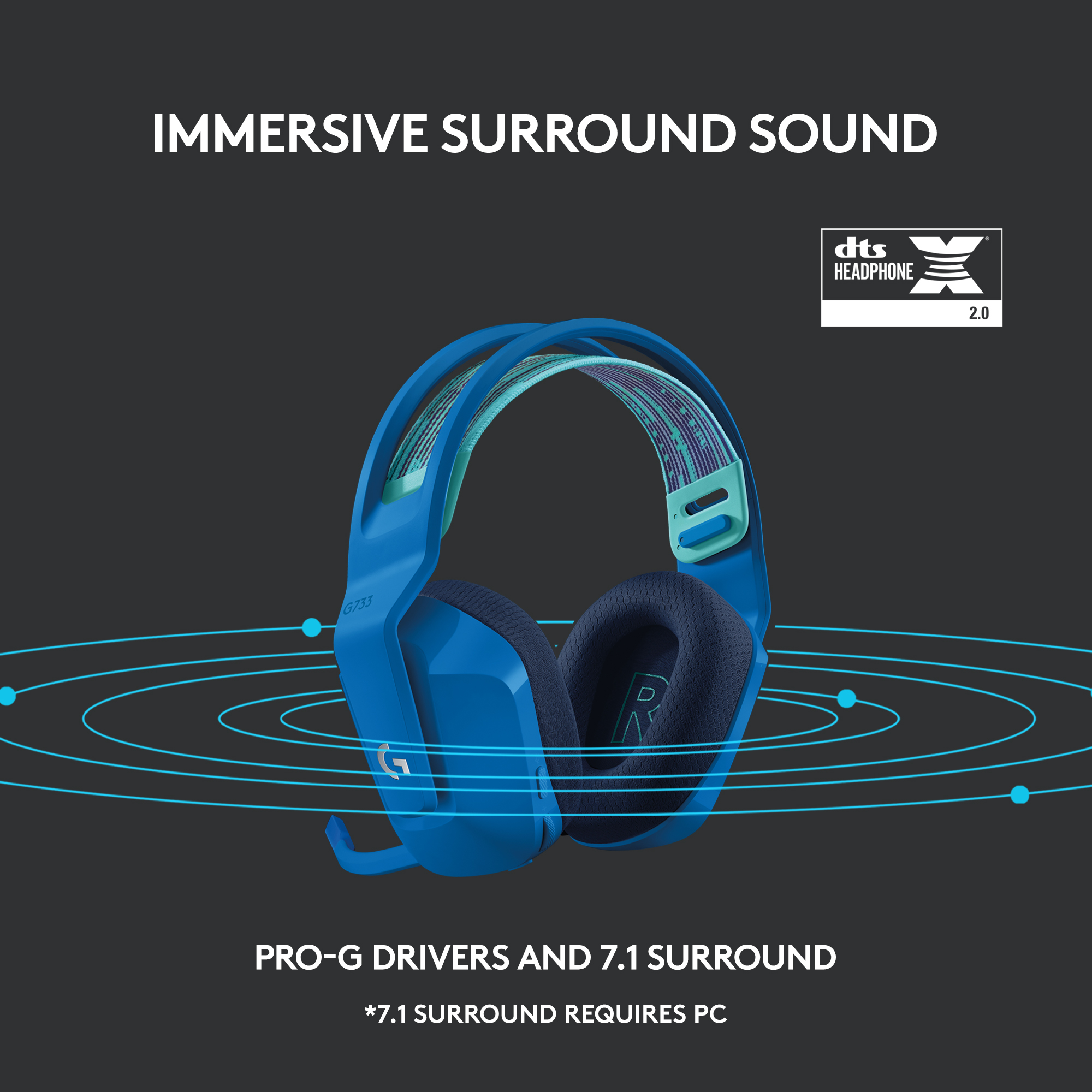 Casque de jeu bleu avec le texte "IMMMERSIVE SURROUND SOUND" et "PRO-G DRIVERS" sur fond sombre.
