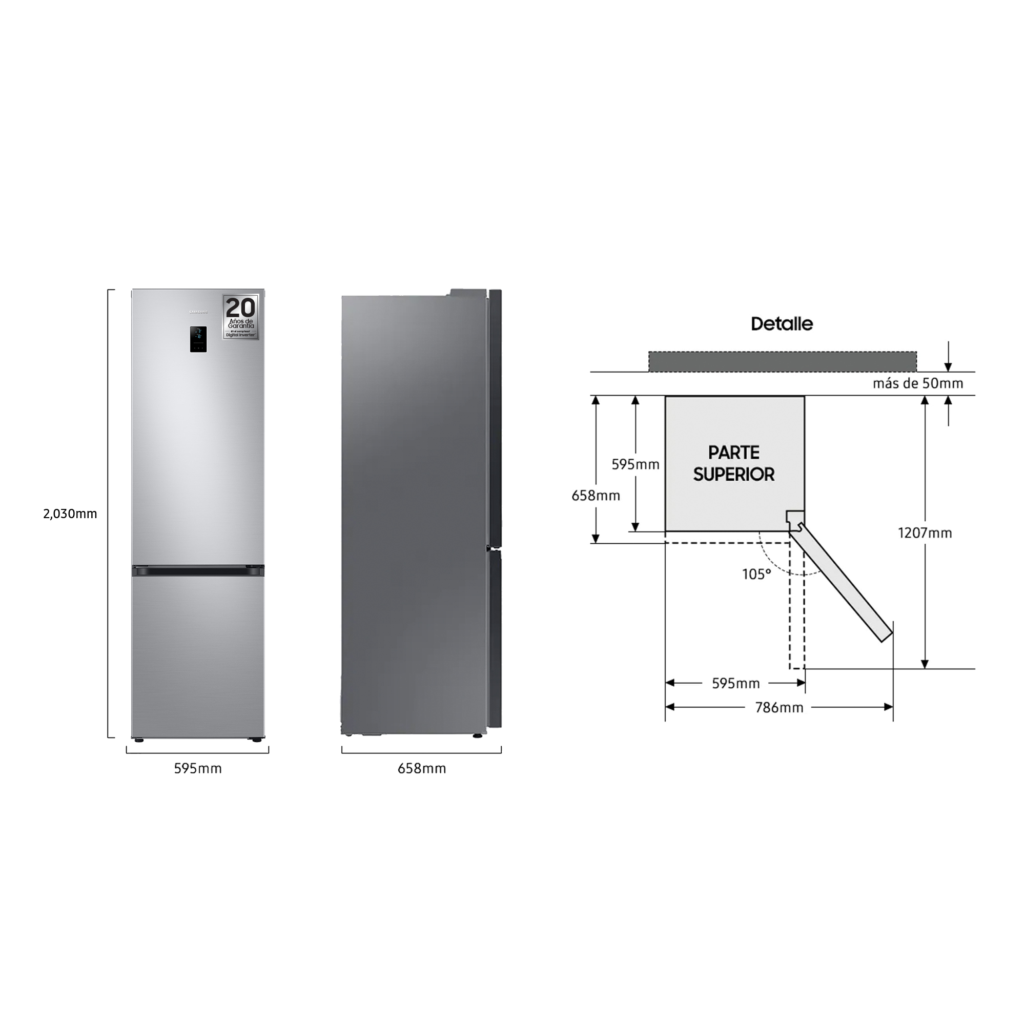 Dos vistas de un refrigerador plateado, con medidas en mm. Un diagrama muestra dimensiones y detalles.