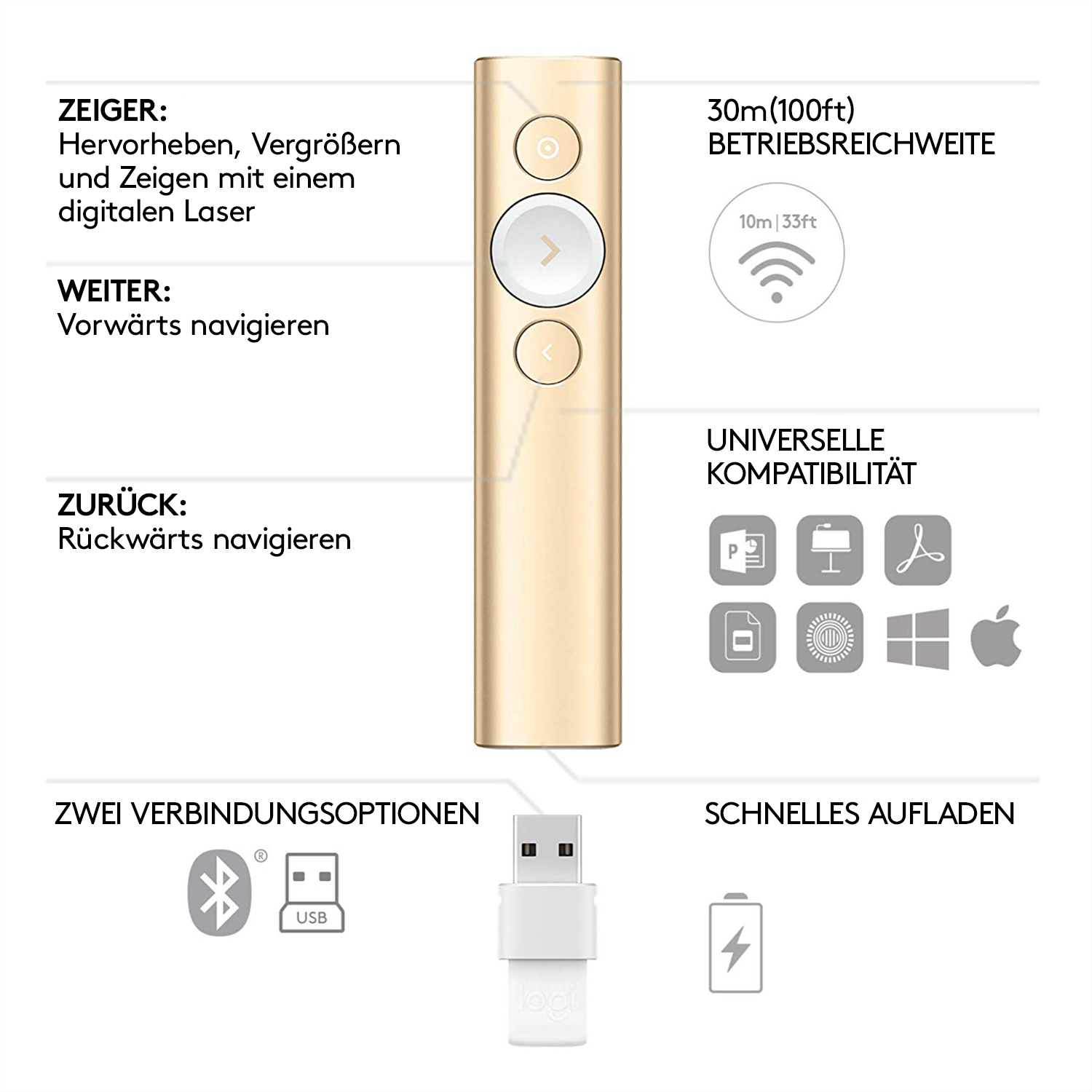 LOGITECH Spotlight für PC/Mac/Android/iOS, Bluetooth Presenter, Gold