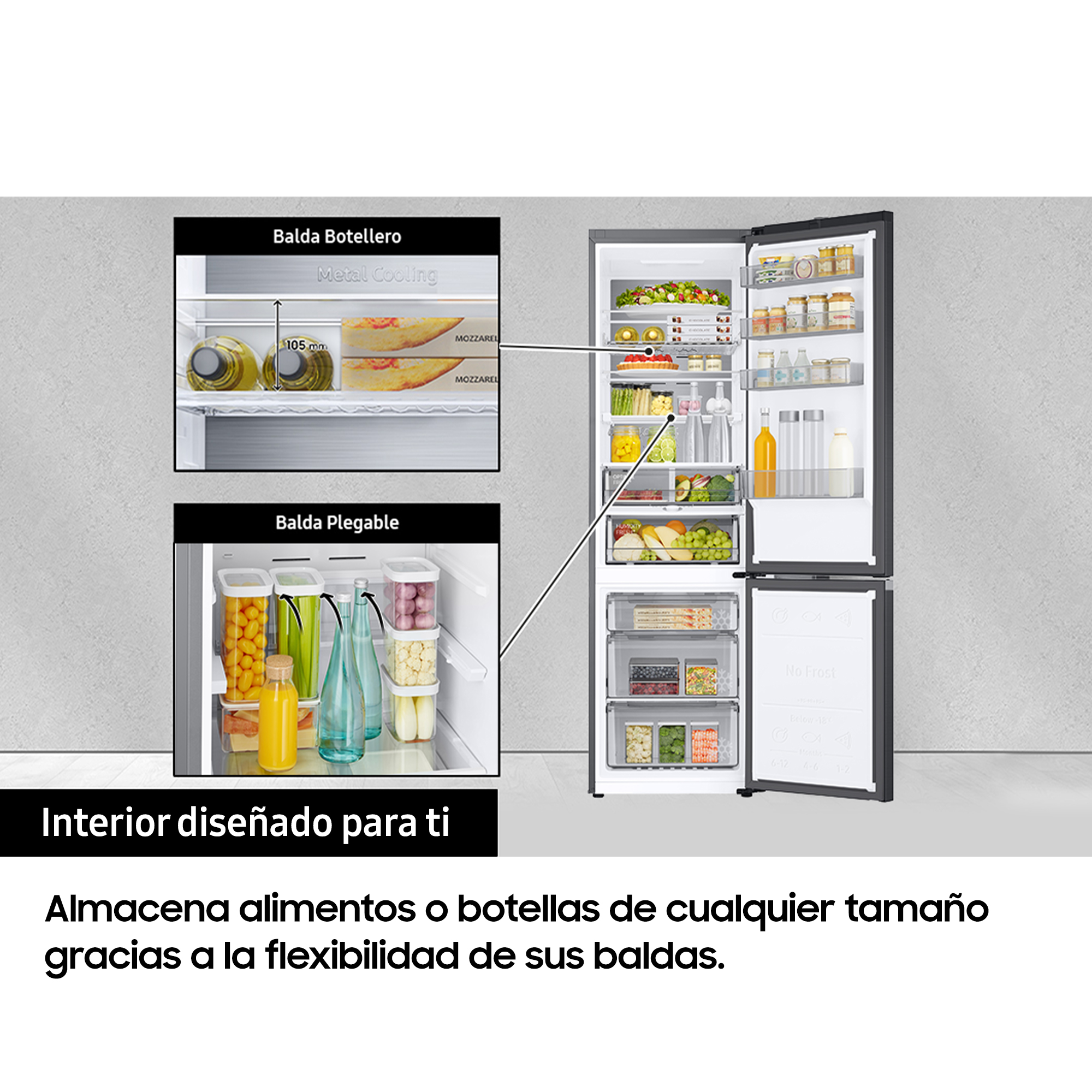 Refrigerador negro abierto con estantes y alimentos dentro, fondo blanco, foto del producto.