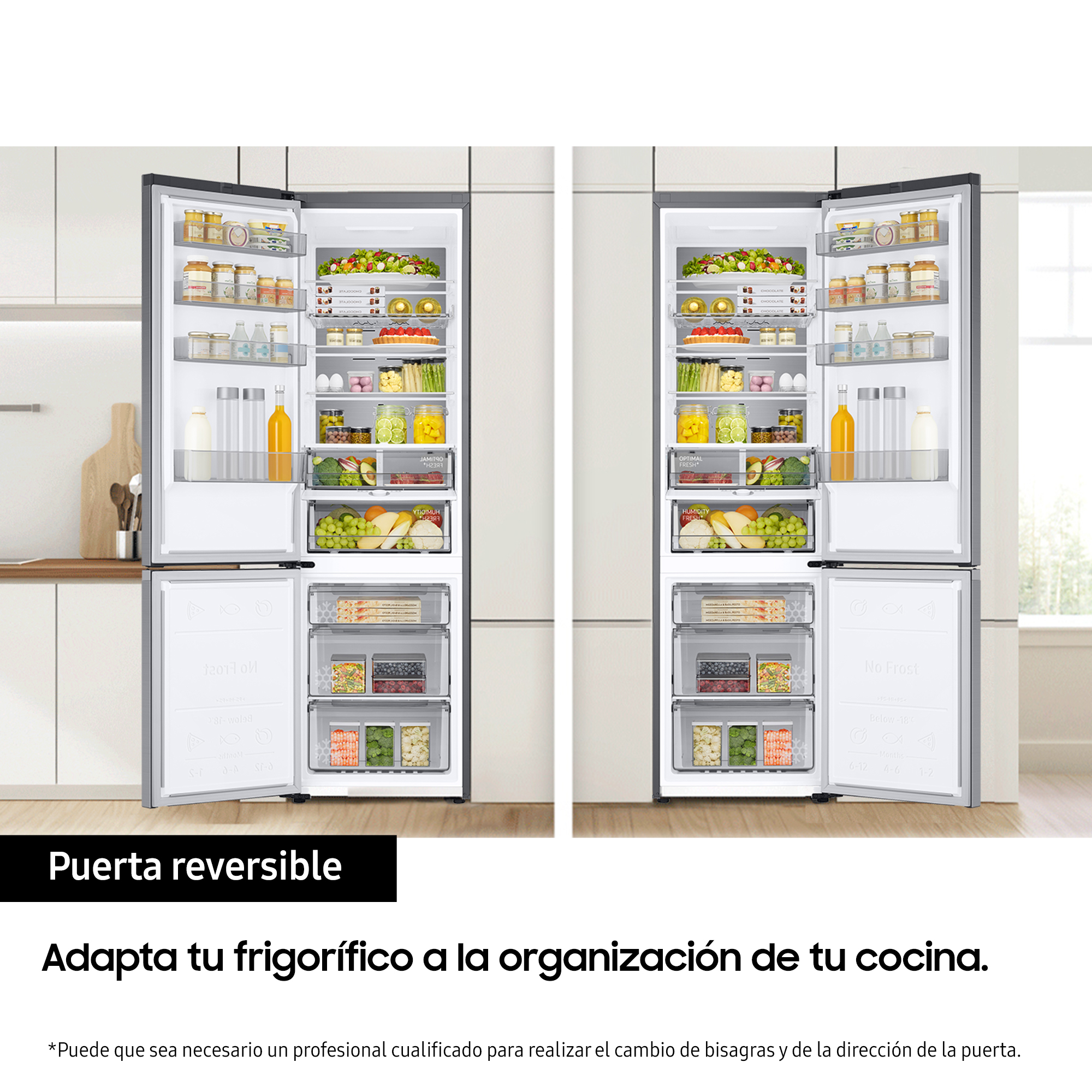 Dos refrigeradores abiertos mostrando comida organizada. Texto en español: 'Puerta reversible' y detalles del producto.