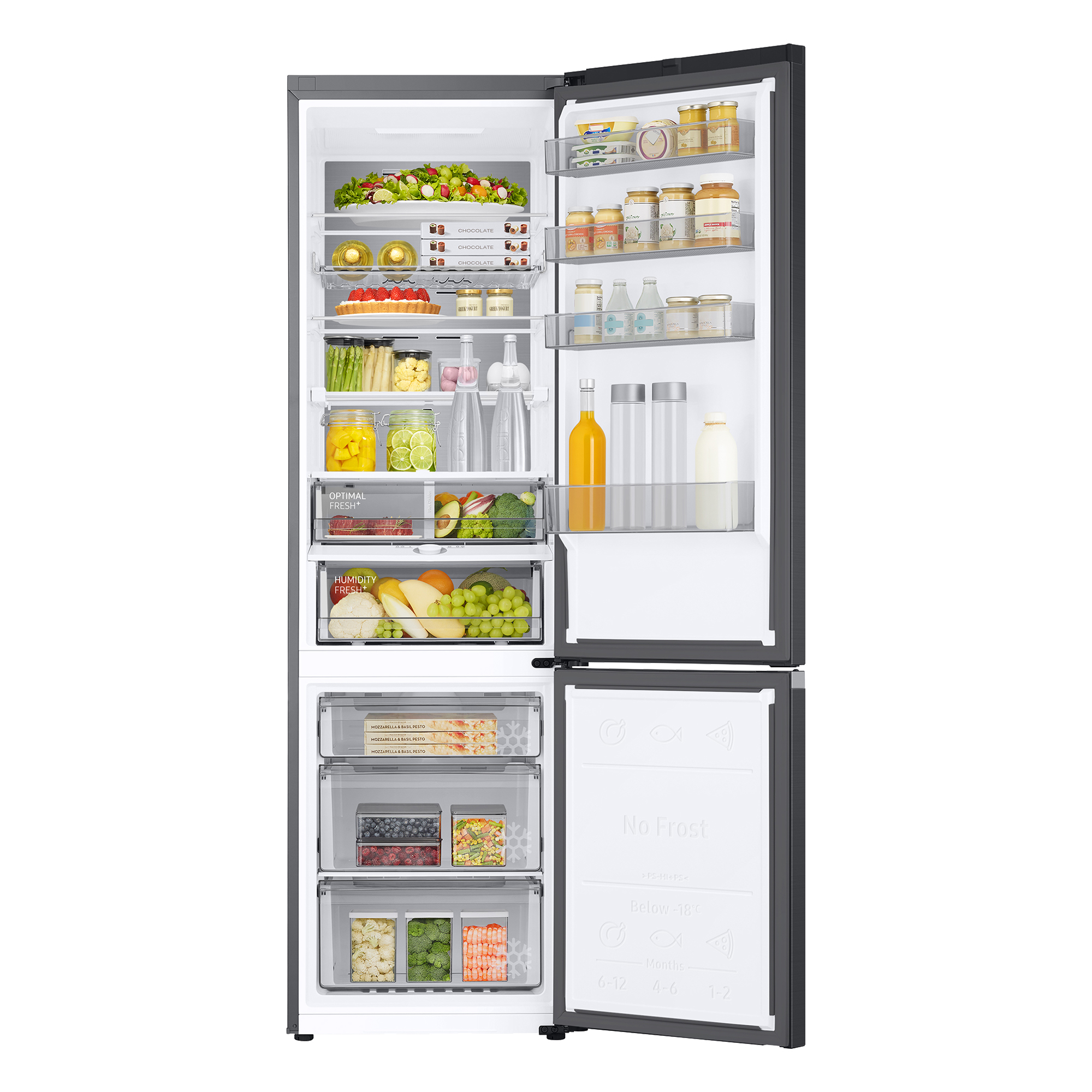 Refrigerador abierto mostrando compartimentos con comida. Incluye frutas, verduras y productos envasados.