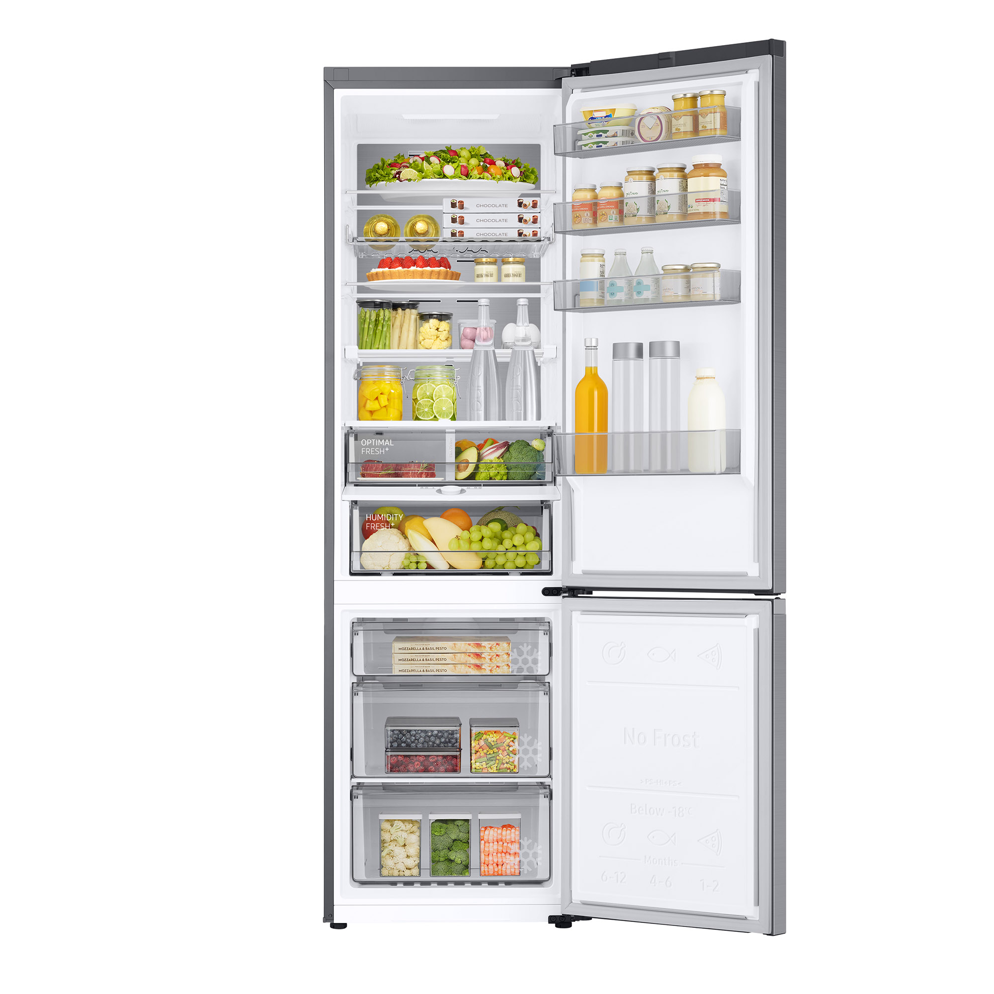 Un refrigerador con la puerta abierta, lleno de comida. El fondo es blanco.