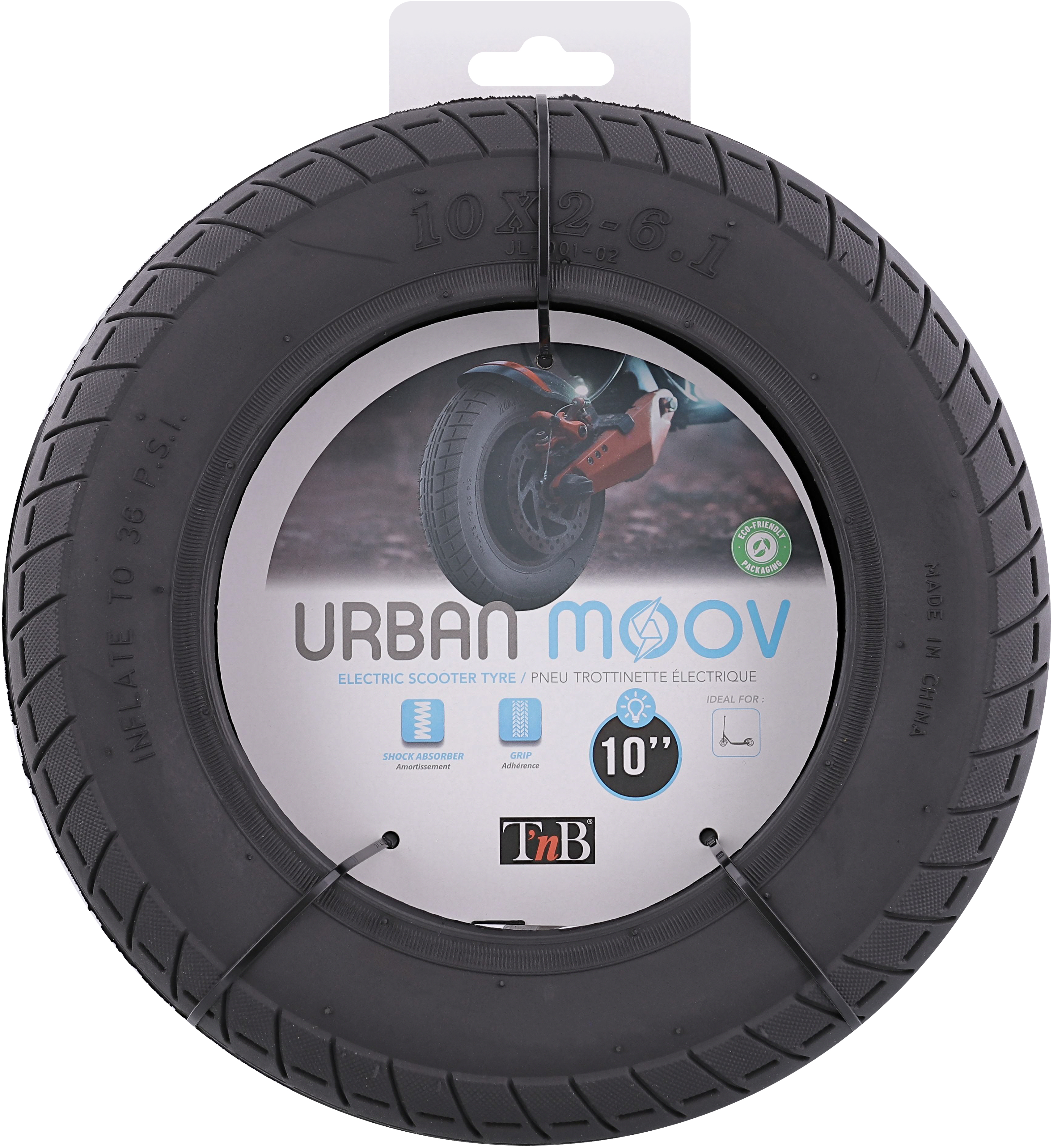 Pneumatico nero per scooter con etichetta bianca e blu. Testo: Urban Moov, 10x2-6.1, Pneumatico per scooter elettrico.