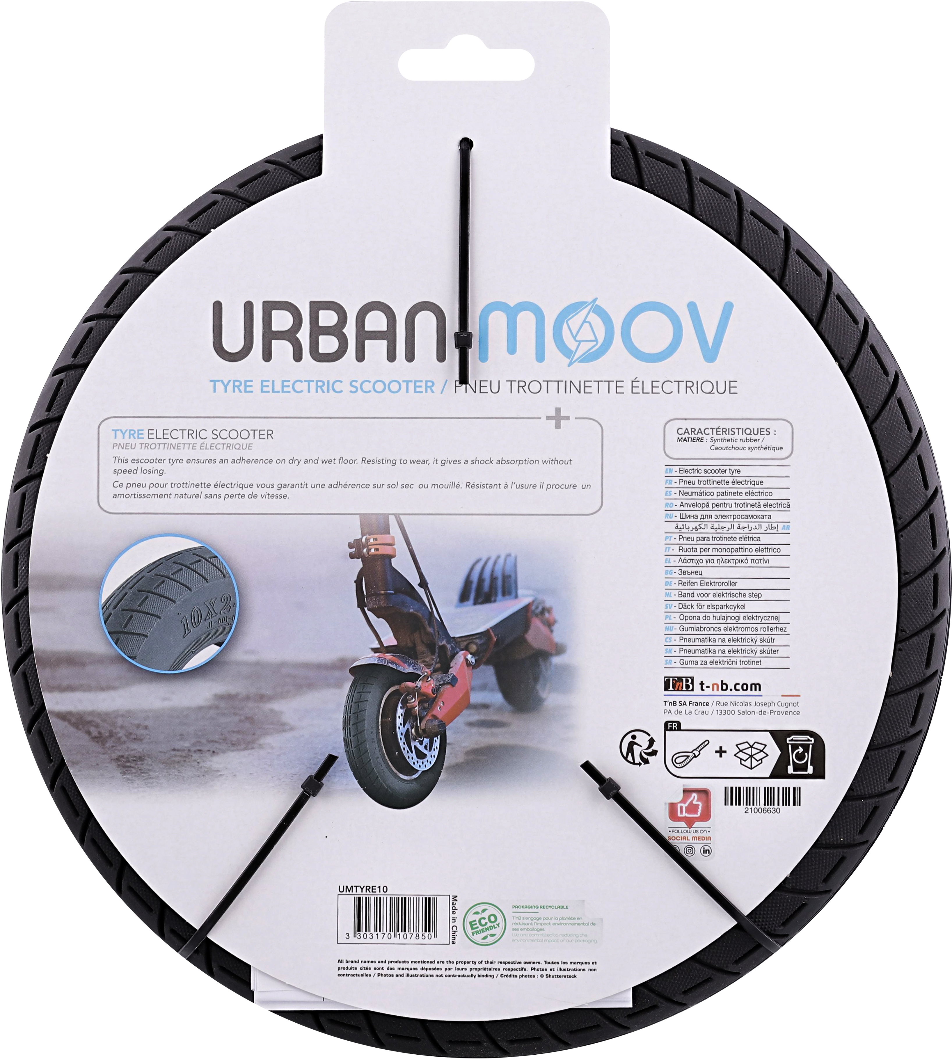 Pneumatico per scooter elettrico. Confezione con immagine e testo dello scooter.