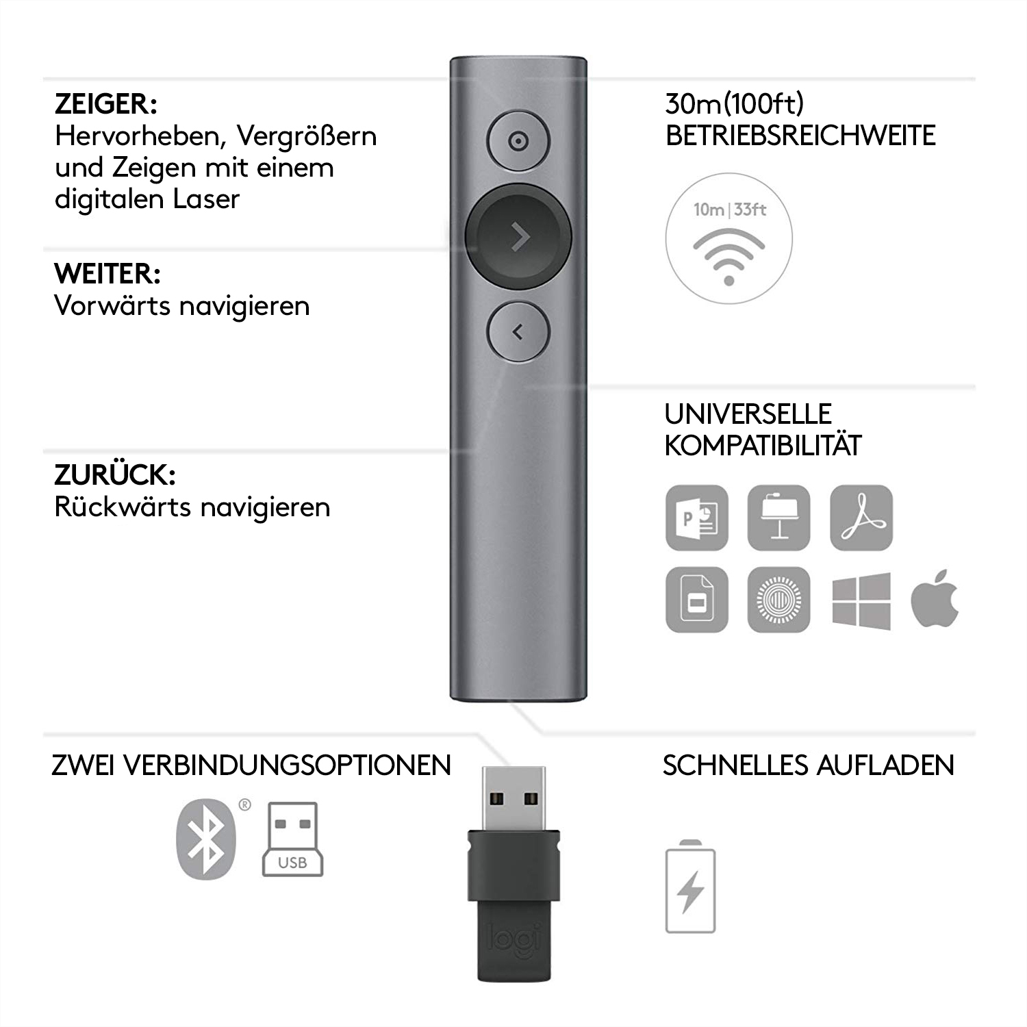 Ein silberner Präsentationsredner mit Knöpfen und Laser. Funktionen umfassen Navigation, USB-Aufladung und Bluetooth-Konnektivität.