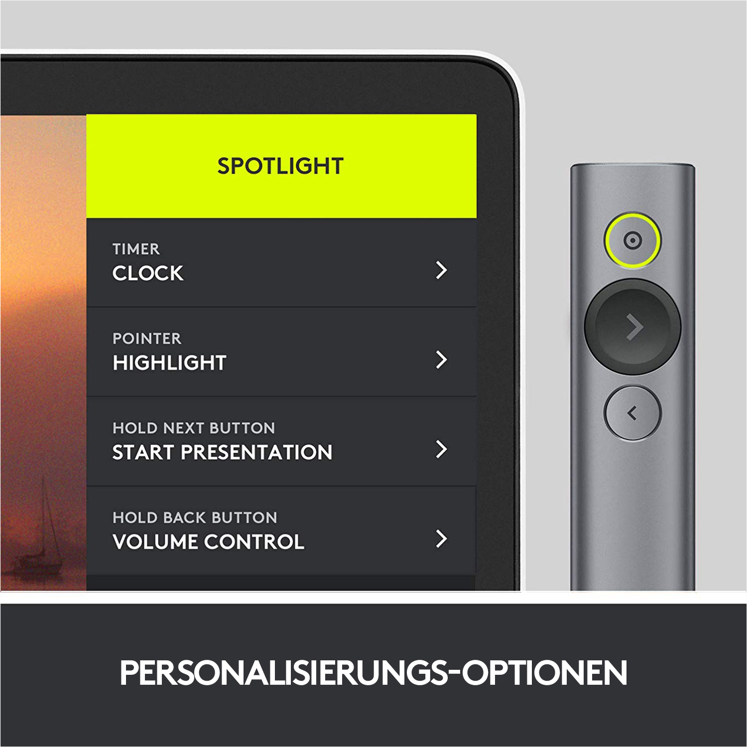 Eine Präsentationsfernbedienung mit einem Bildschirm, der Optionen und eine Seitenleiste zeigt.