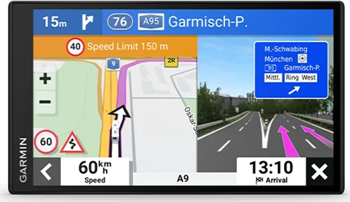 Garmin GPS-Navigationsbildschirm mit Straßenkarte und Navigationsdetails.