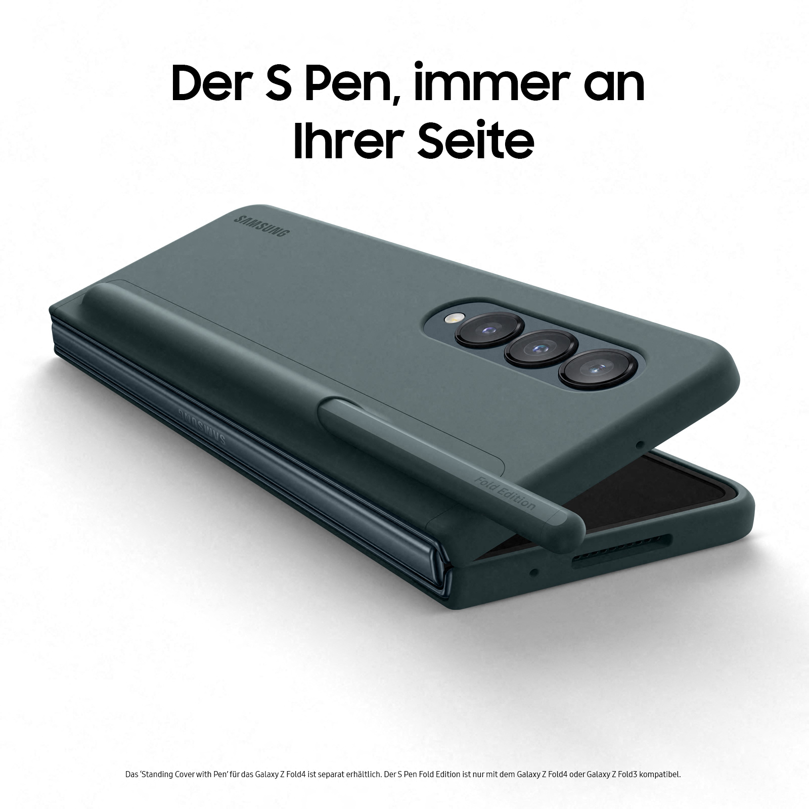 Eine dunkelgraue Handyhülle mit eingesetztem Stift. Sie ist geöffnet und zeigt ein faltbares Handy.