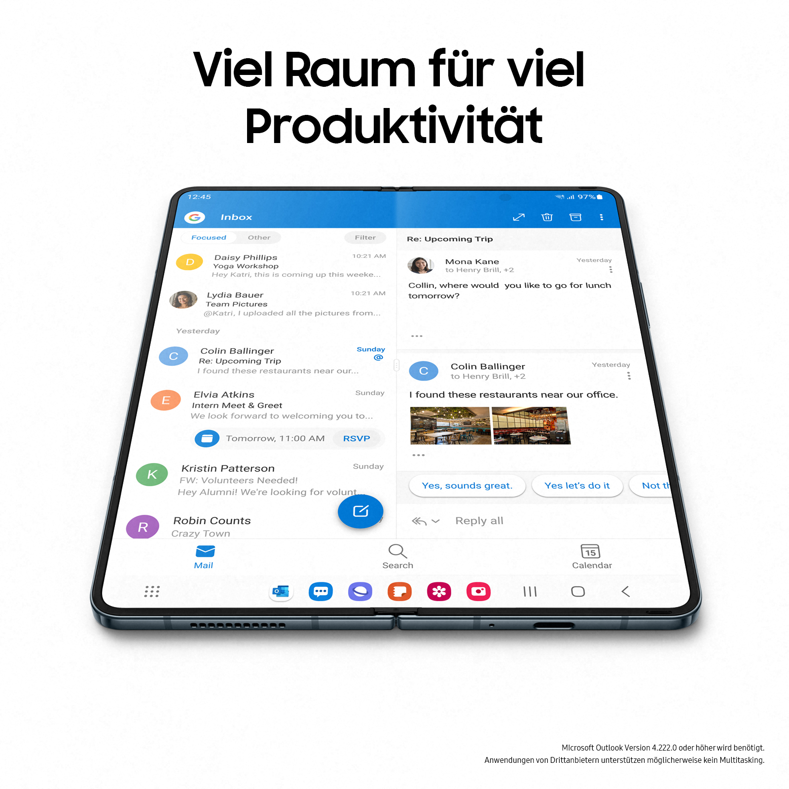 Tablet-Bildschirm mit Posteingang, zeigt eine E-Mail-App-Oberfläche.