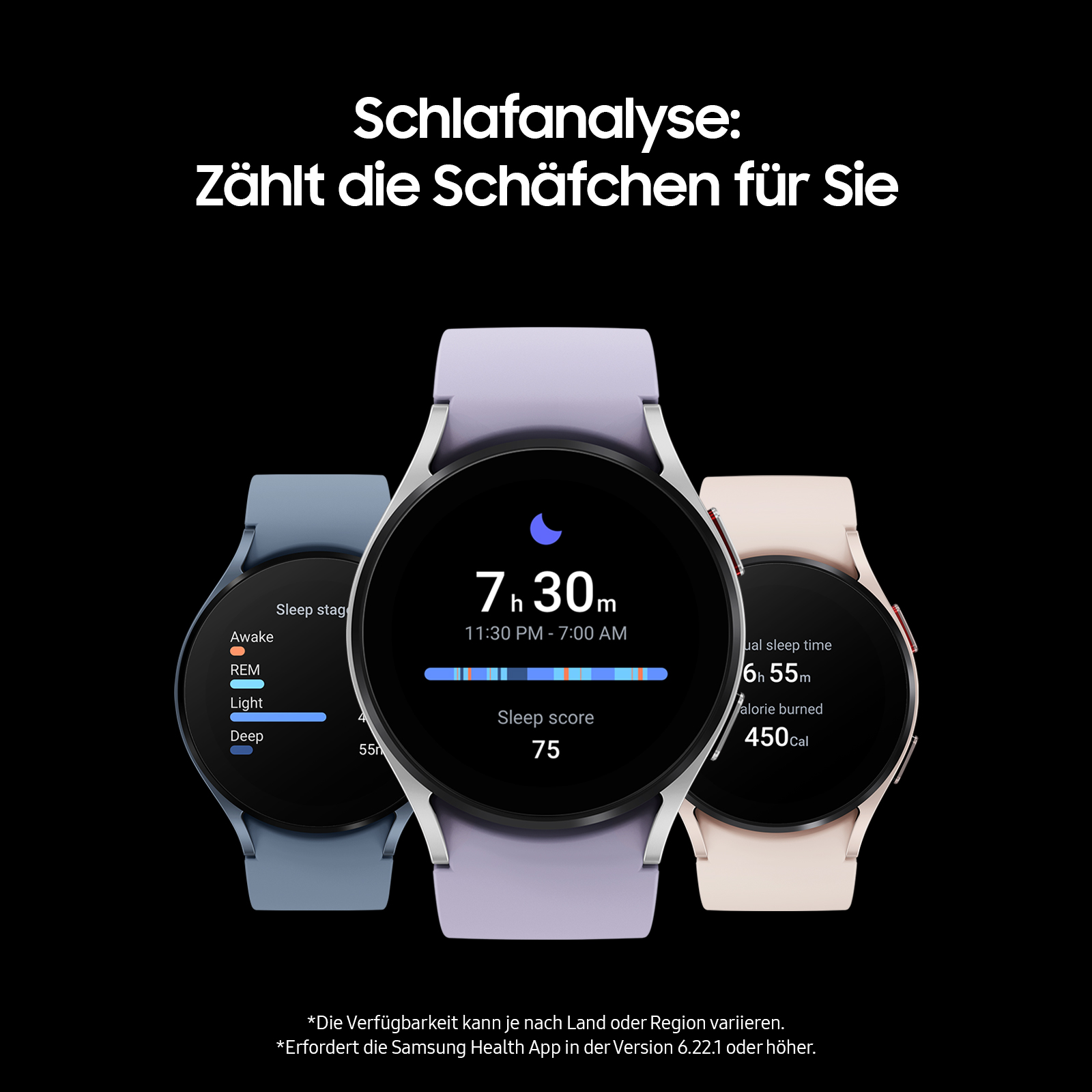 Drei Smartwatches, die Schlafanalyse-Daten auf schwarzem Hintergrund anzeigen.