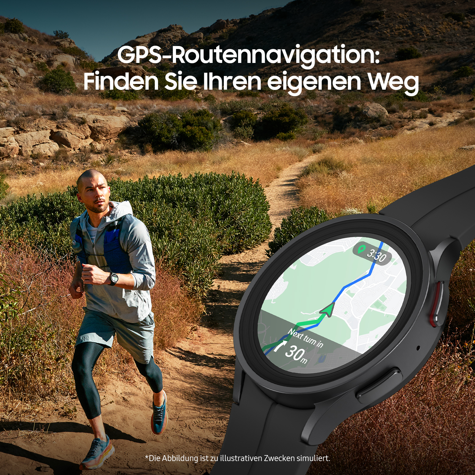 Ein Mann rennt auf einem Pfad und trägt eine Uhr mit GPS-Navigation.
