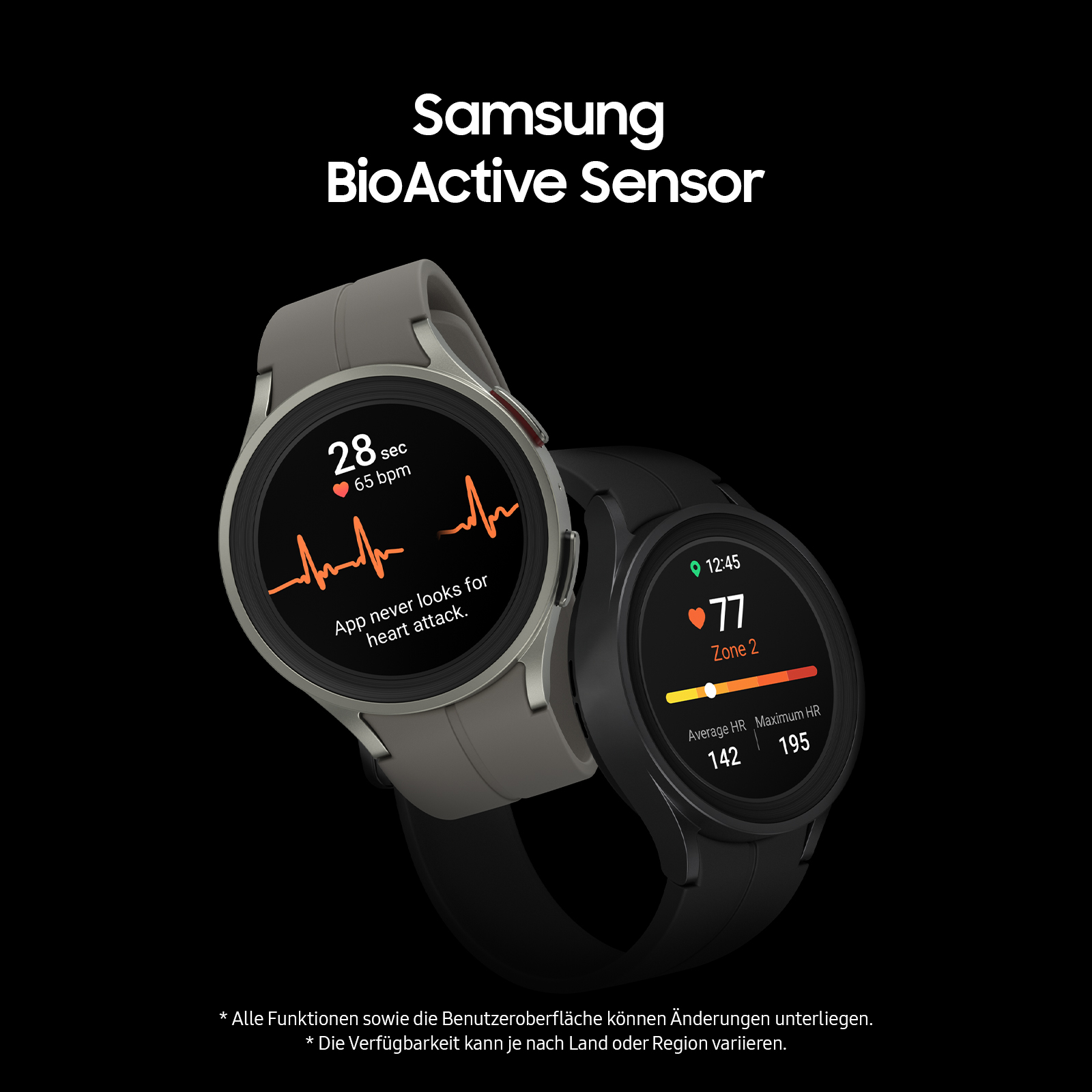 Zwei Smartwatches auf einer Oberfläche. Eine zeigt Vitalwerte, die andere Zeit und Zone.