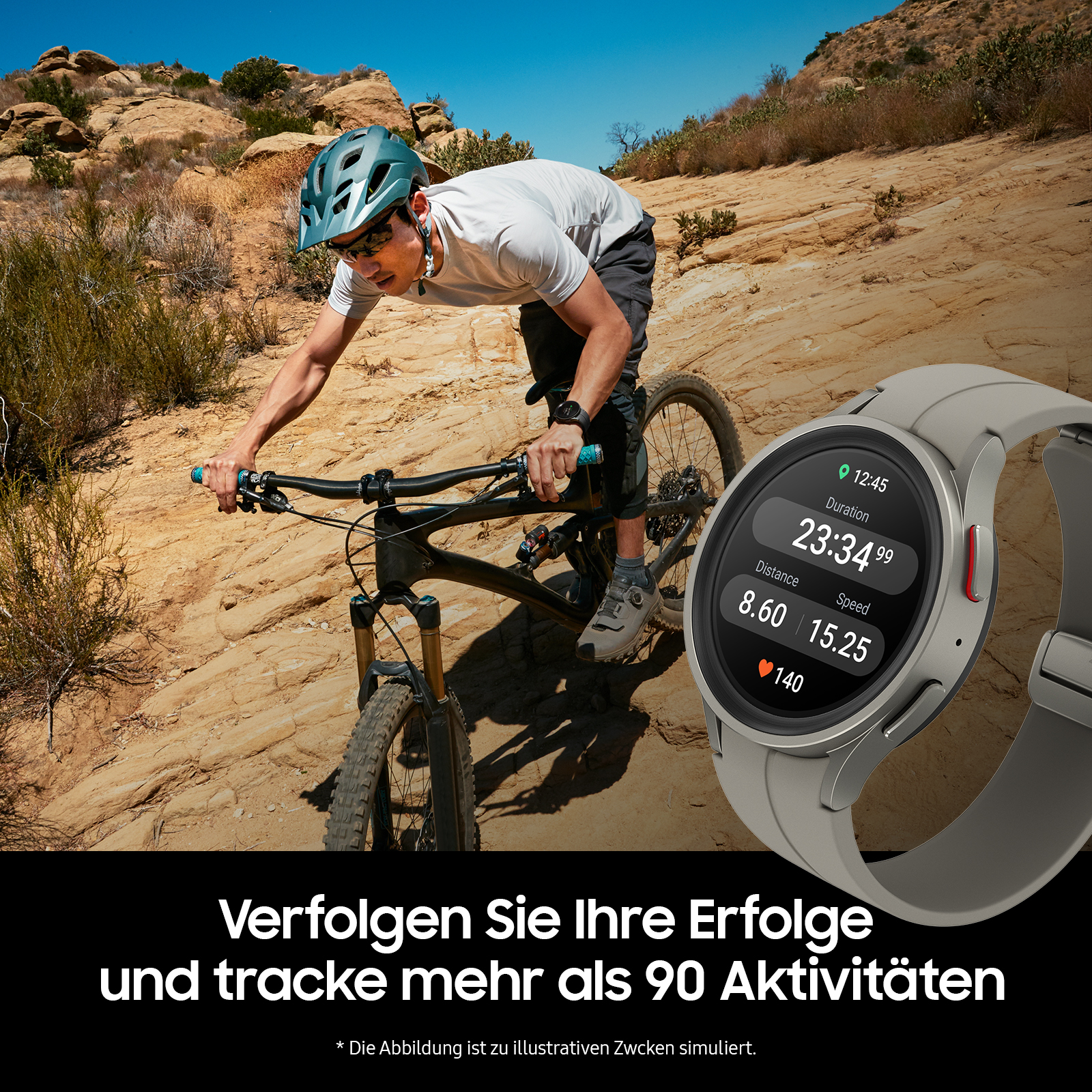 Mann auf Mountainbike mit Uhr, die Statistiken anzeigt. Felsiges Gelände im Hintergrund.
