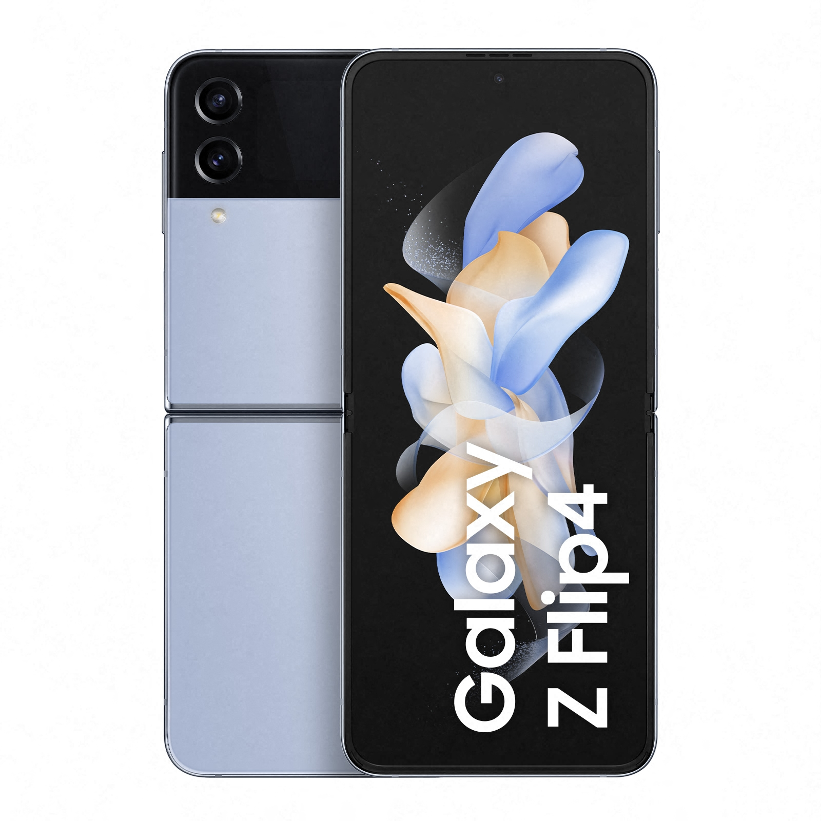 Schwarz-blaues Samsung Galaxy Z Flip4-Telefon, gefaltet und entfaltet, mit Text.