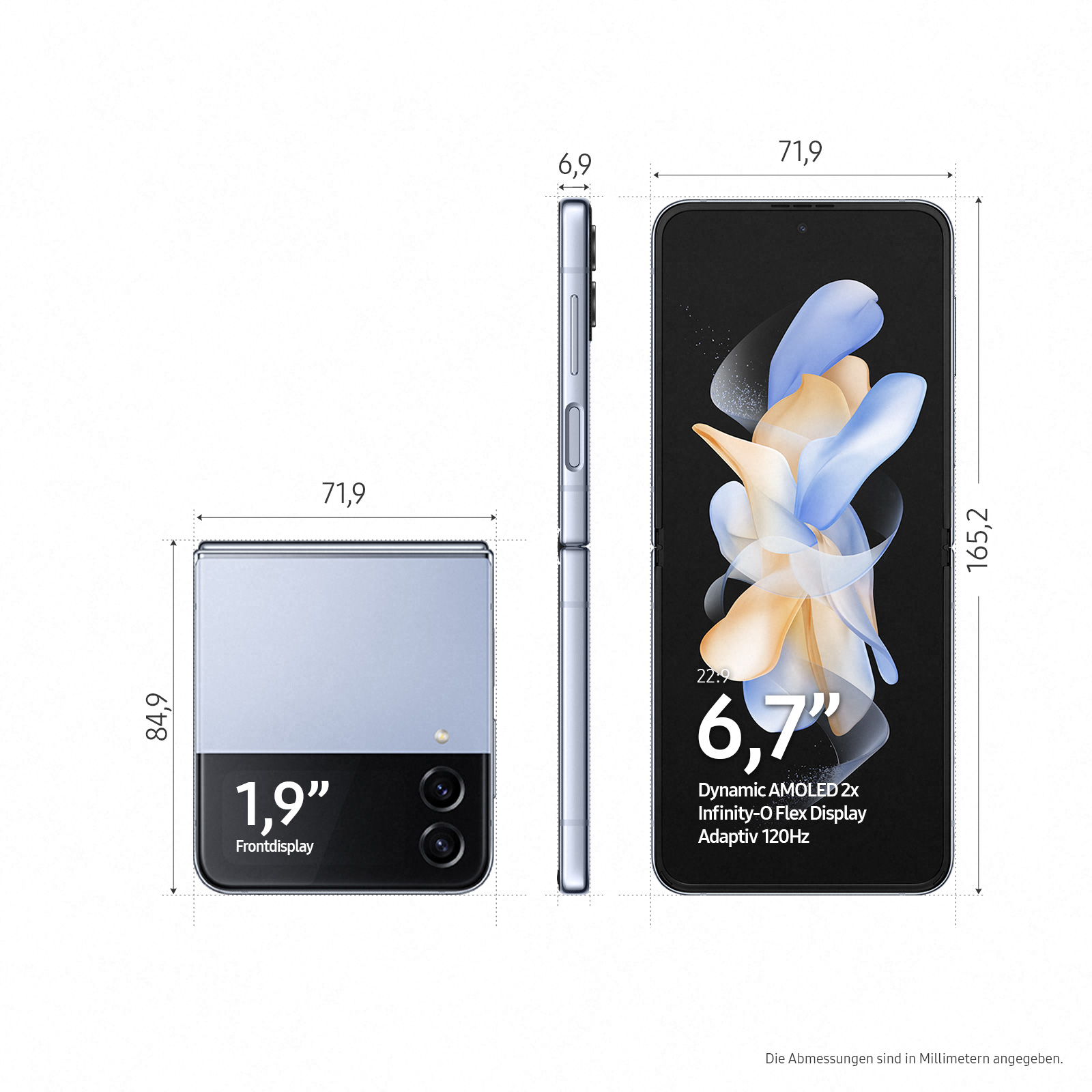 Diagramm eines gefalteten und entfalteten Telefons mit Abmessungen und einem Display, das Grafiken zeigt. Weißer Hintergrund.