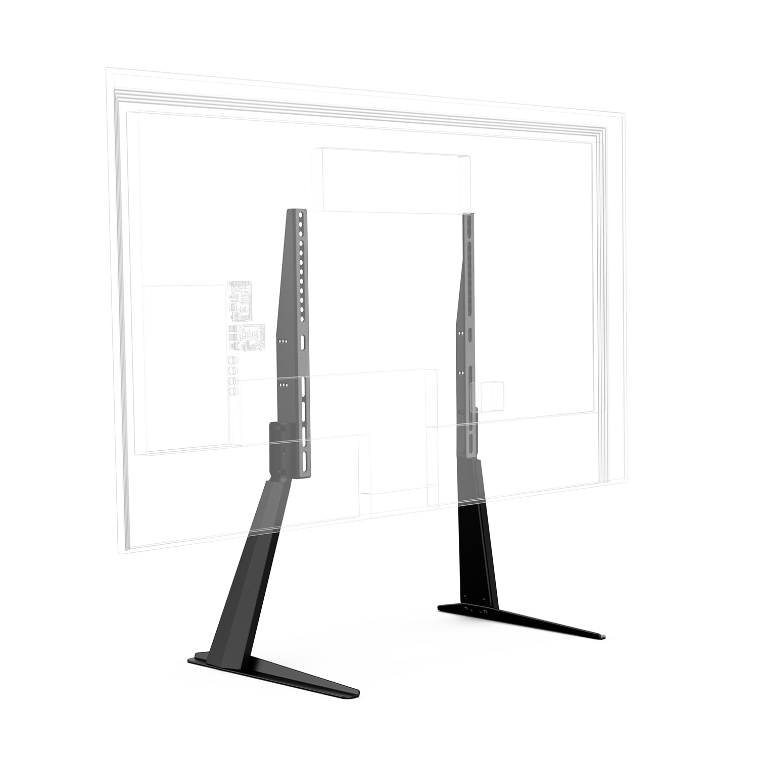Supporto TV con contorno schermo trasparente, gambe nere e sfondo bianco.