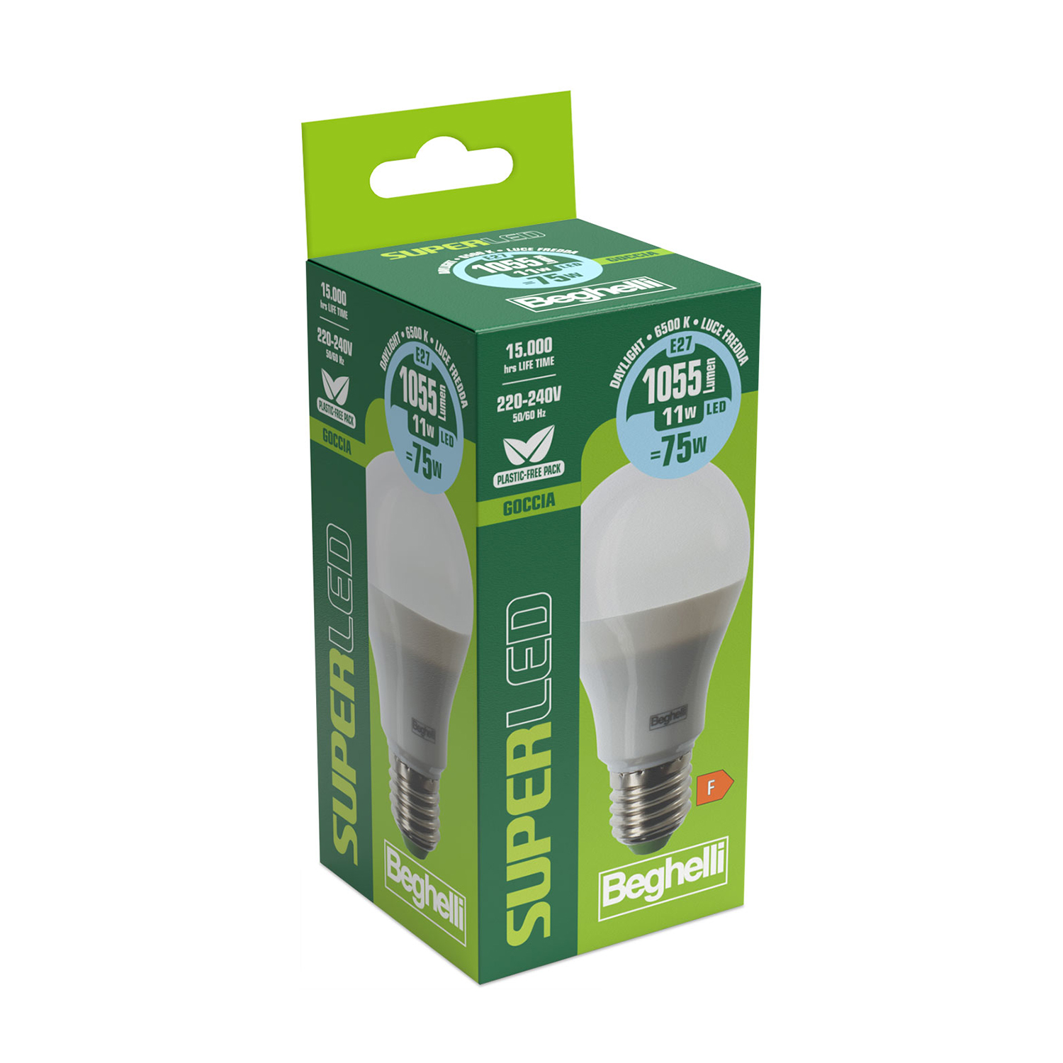 Scatola di lampadine LED, verde e bianco.