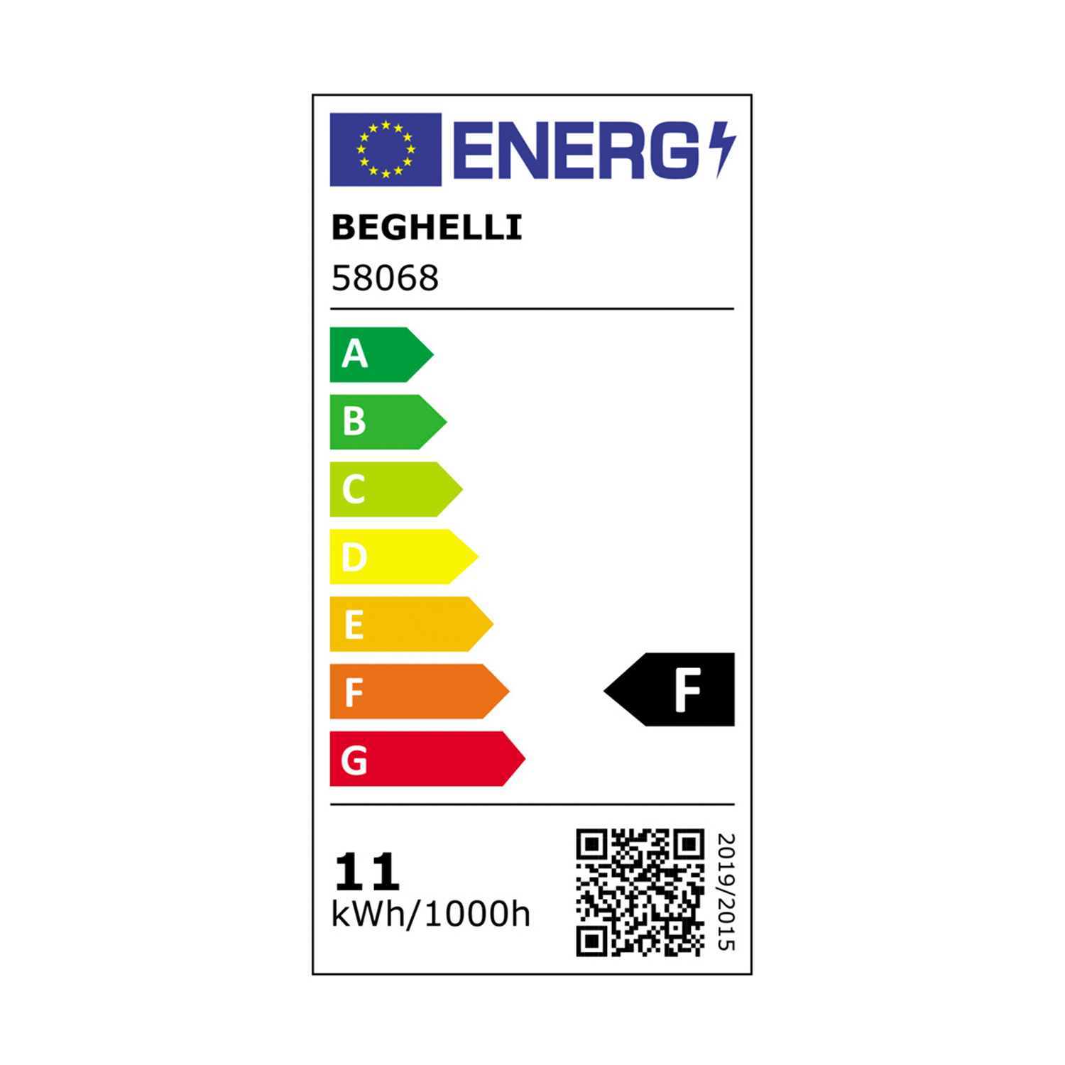 Etichetta energetica con Beghelli 58068, classe F, con codice QR e consumo kWh.