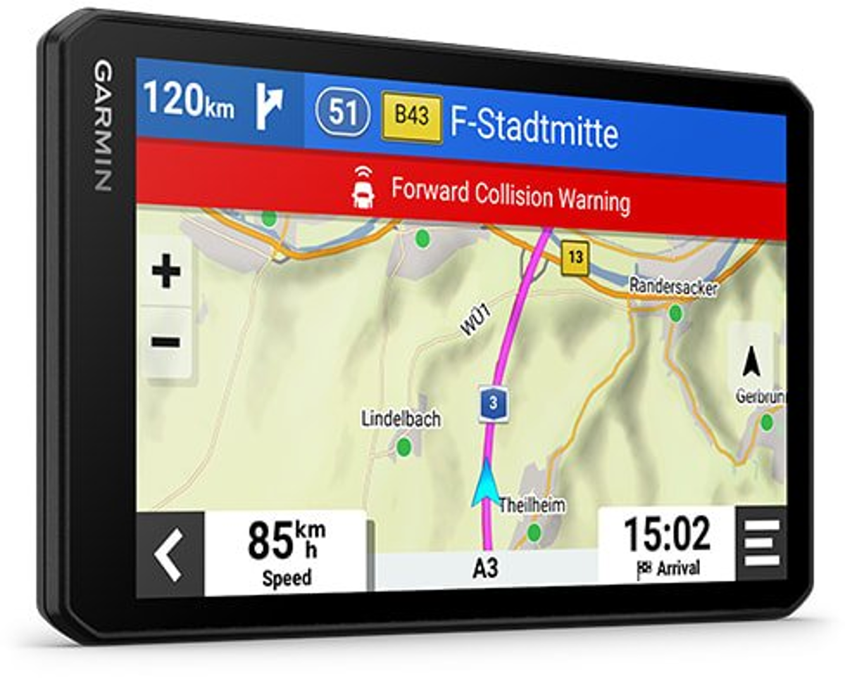 Ein Garmin-Gerät zeigt eine Navigationskarte mit Geschwindigkeit und Ankunftszeit. Die Karte hat einen roten Balken.