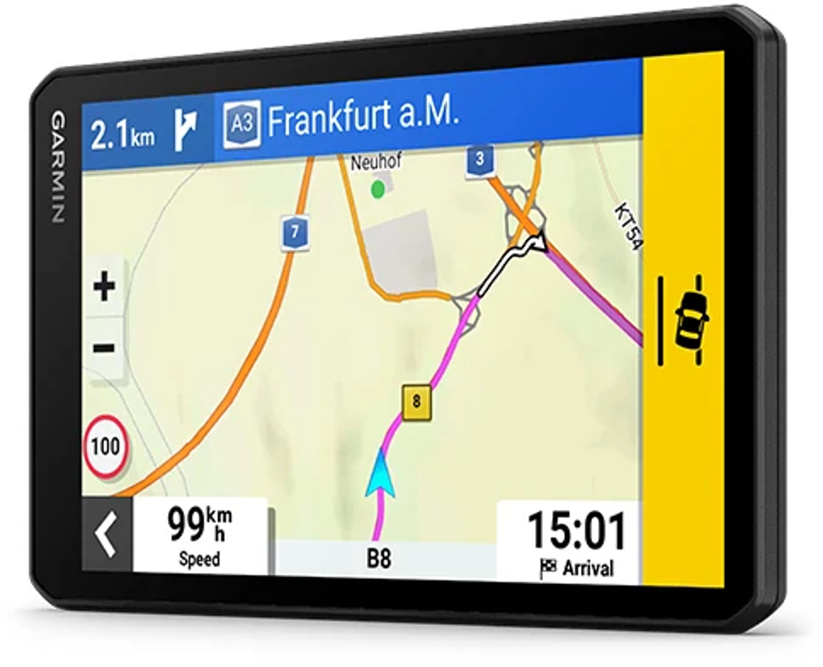 GPS-Gerätebildschirm mit einer Karte und Routeninformationen.