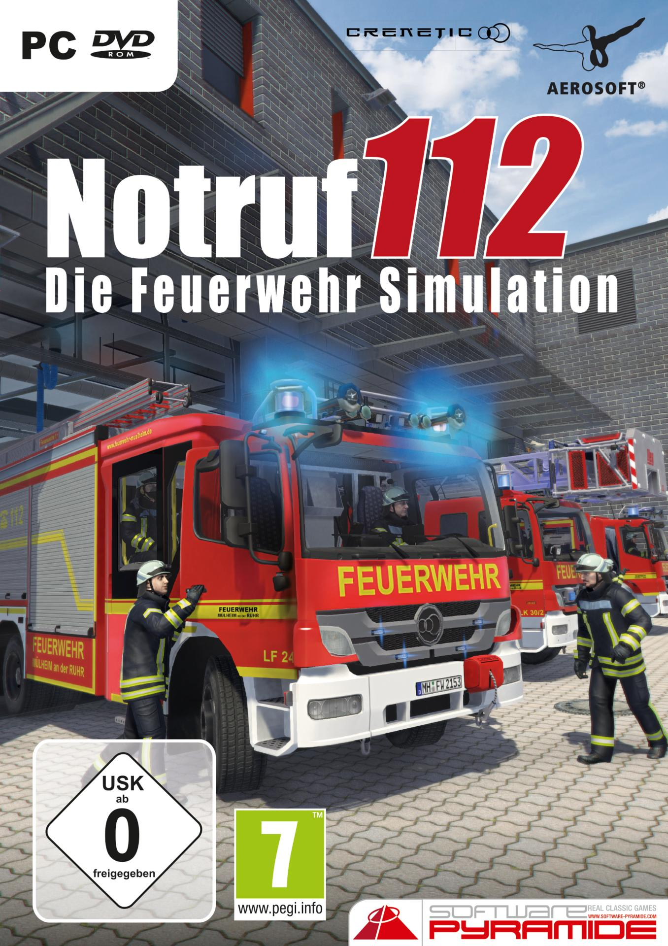 Spielbox mit einem Feuerwehrauto und Feuerwehrleuten. Der Titel ist 'Notruf 112 Die Feuerwehr Simulation'.