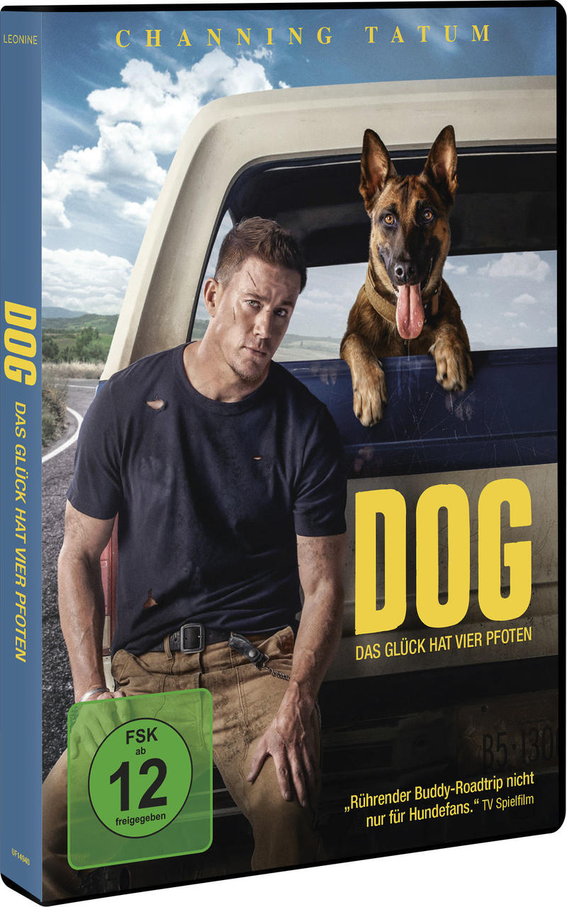 Filmcover von 'Dog' mit Channing Tatum und einem Hund im Truck.