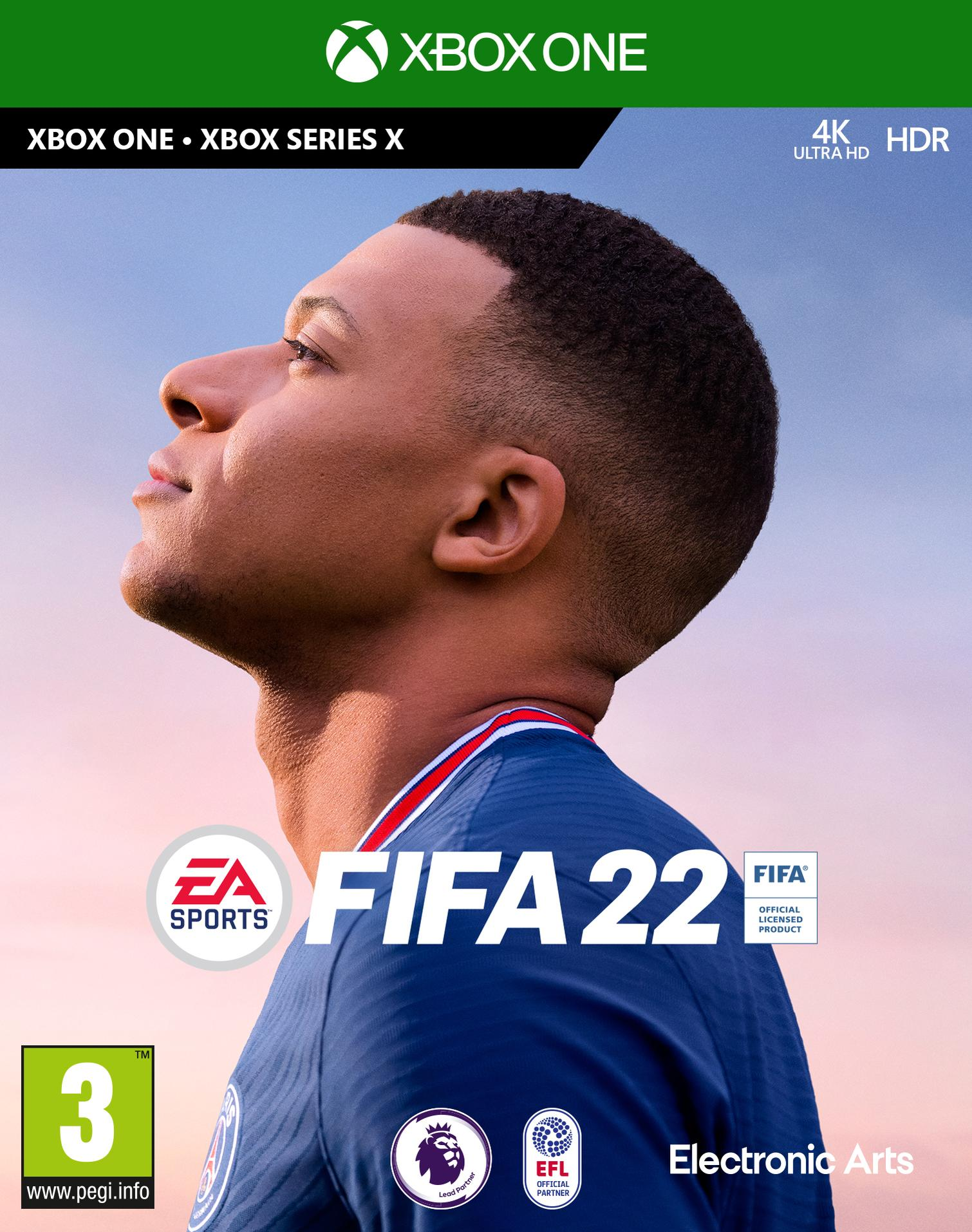 FIFA 22 Spielcover. Mbappe auf dem Cover. Xbox One und Xbox Series X Logos. Das Logo des Spiels ist auf dem Cover.