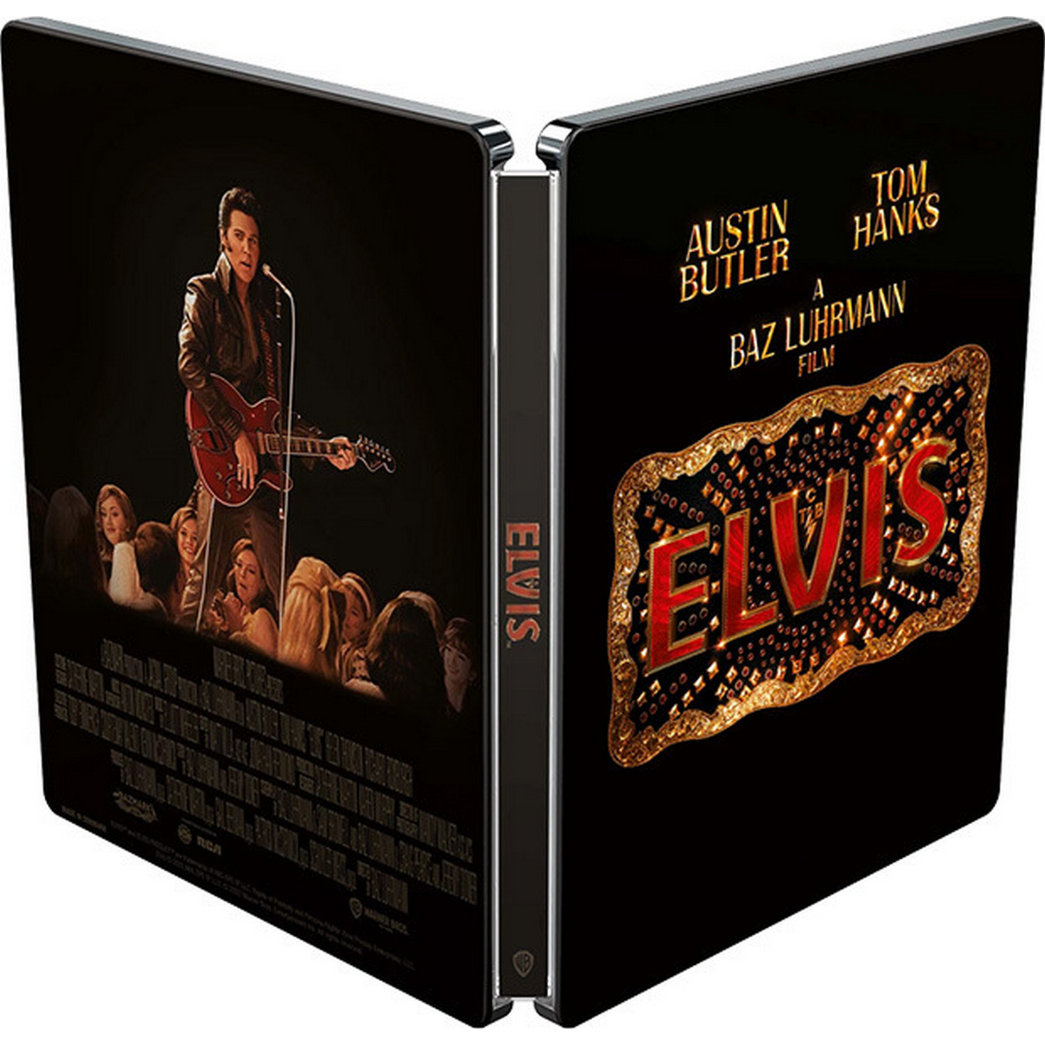 Portada de película: Elvis cantando con guitarra, multitud. Lado derecho: título de la película Elvis.