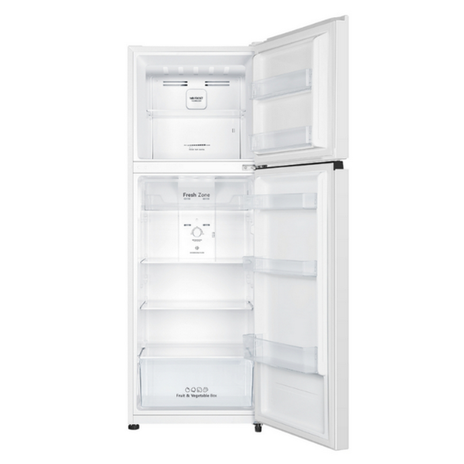 Nevera blanca con puertas abiertas. En el interior, se ven estantes y compartimentos. Interior blanco.