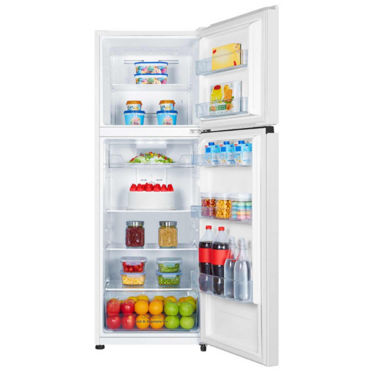 Refrigerador con puertas abiertas, lleno de comida y bebidas.