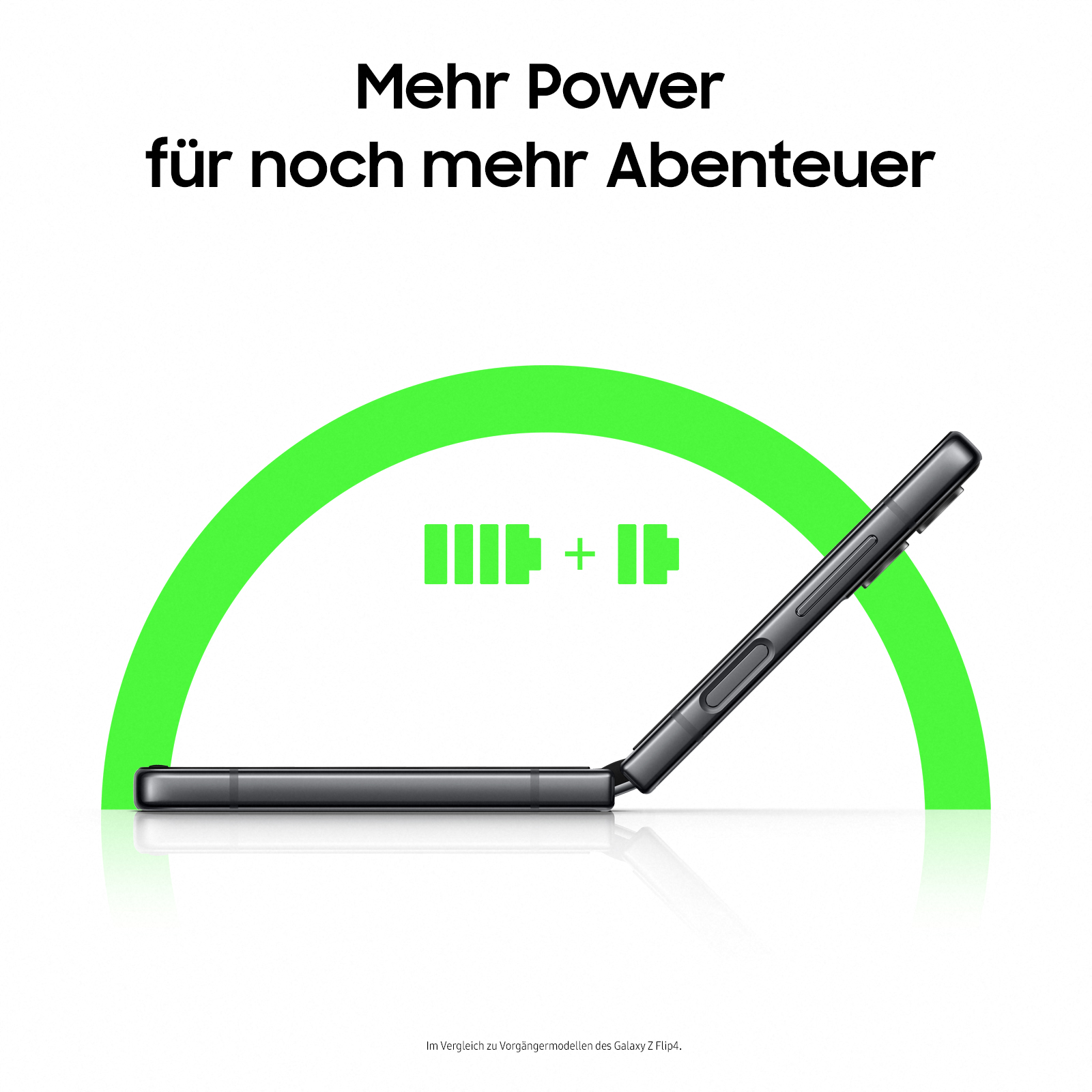 Schwarzes, faltbares Telefon, teilweise geöffnet, mit grüner Akkuanzeige (voll).