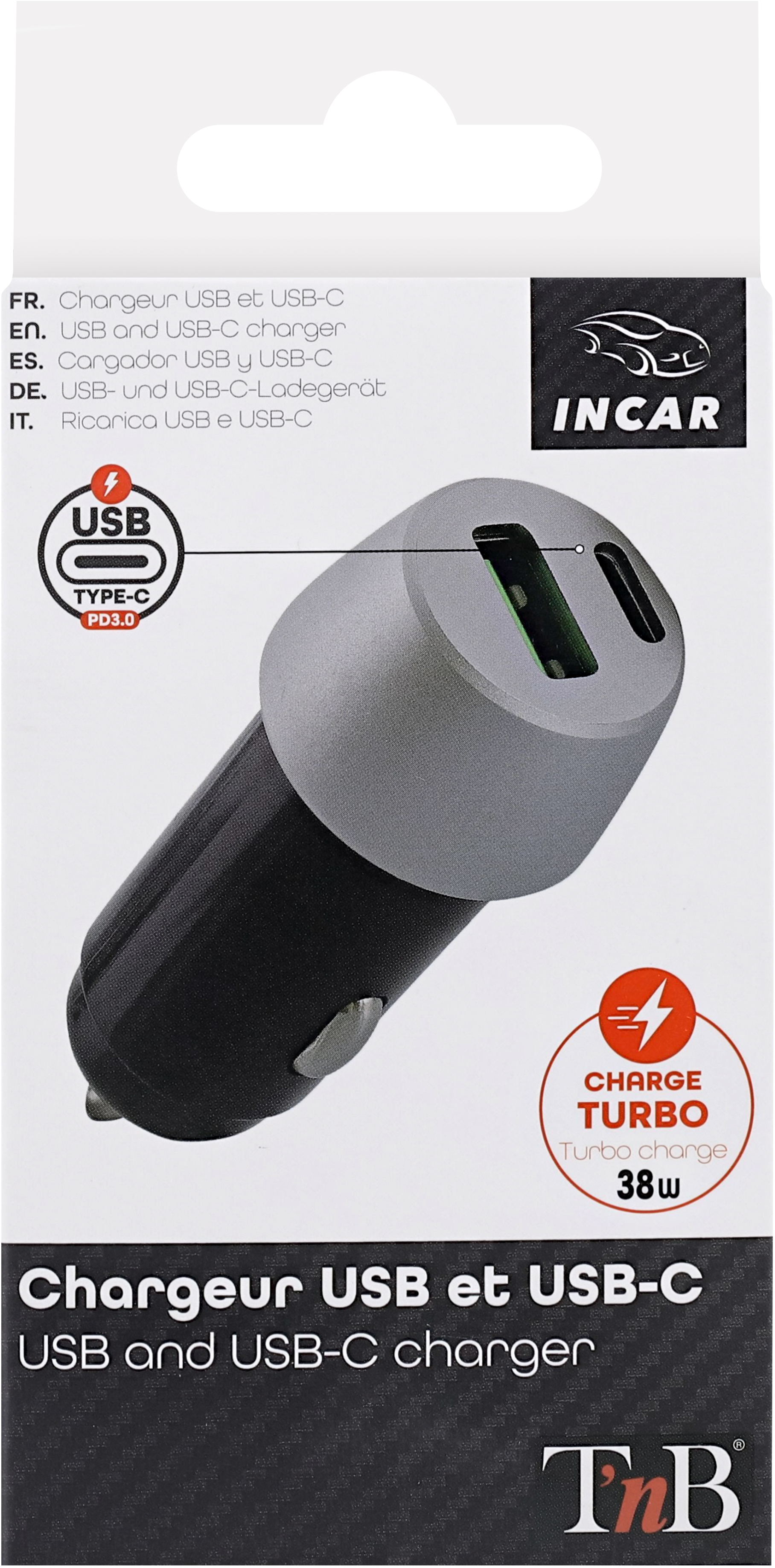 Chargeur USB et USB-C de voiture, noir et argent, dans une boîte avec texte multilingue.