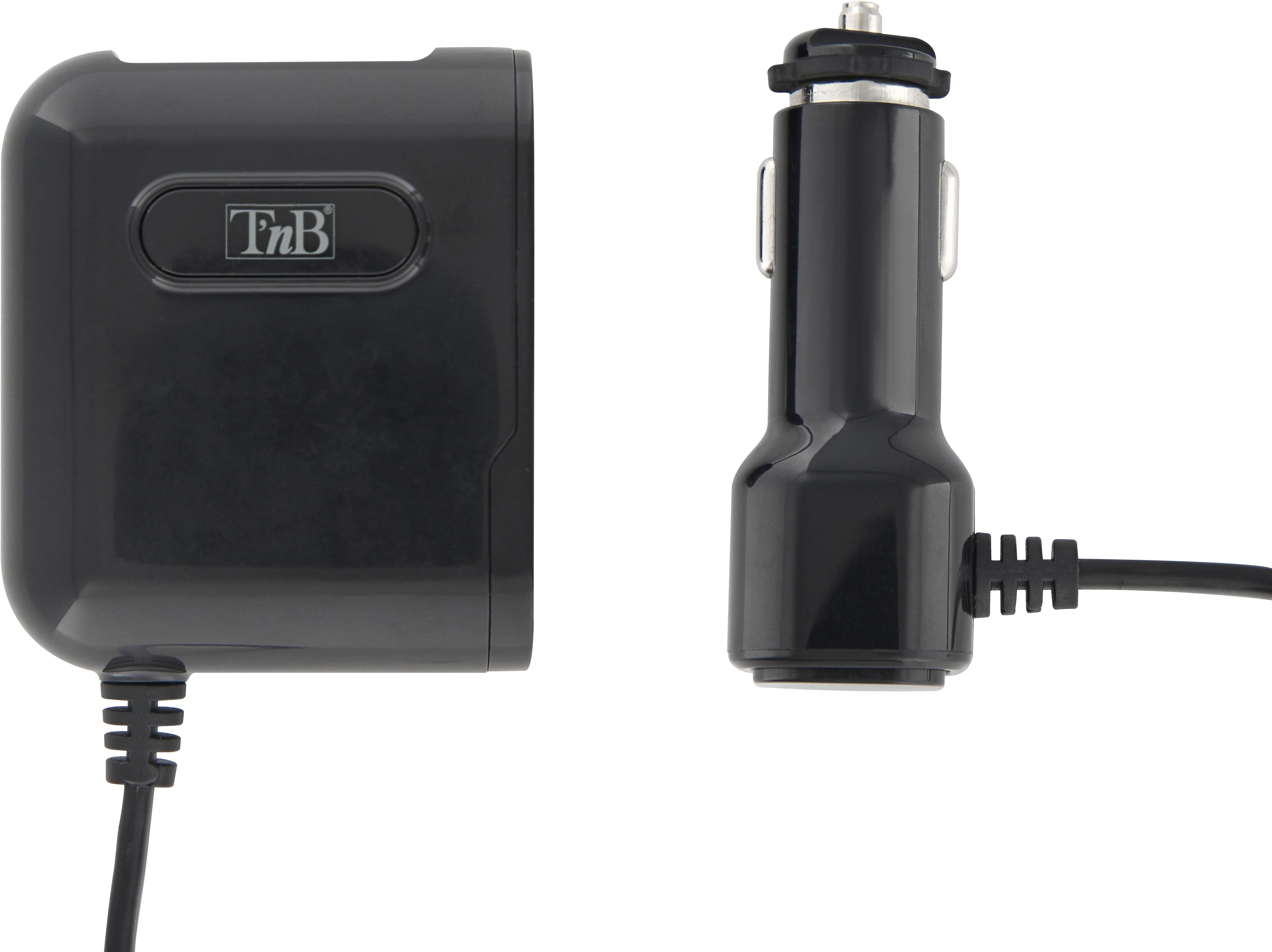 Chargeur de voiture noir et un adaptateur secteur noir. Connectés par un câble. Fond blanc.