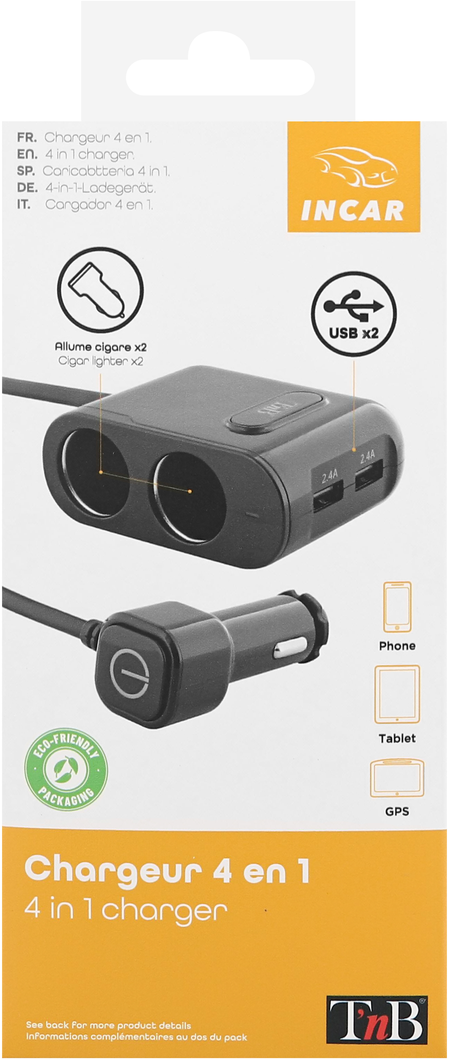Emballage d'un chargeur de voiture 4 en 1 avec ports USB et allume-cigare.
