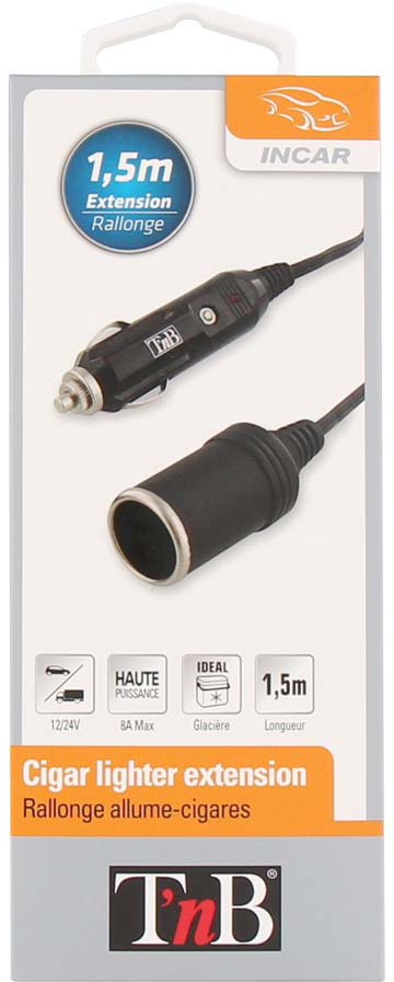 Câble d'extension pour chargeur de voiture dans un emballage avec texte. Câble et prises noirs.
