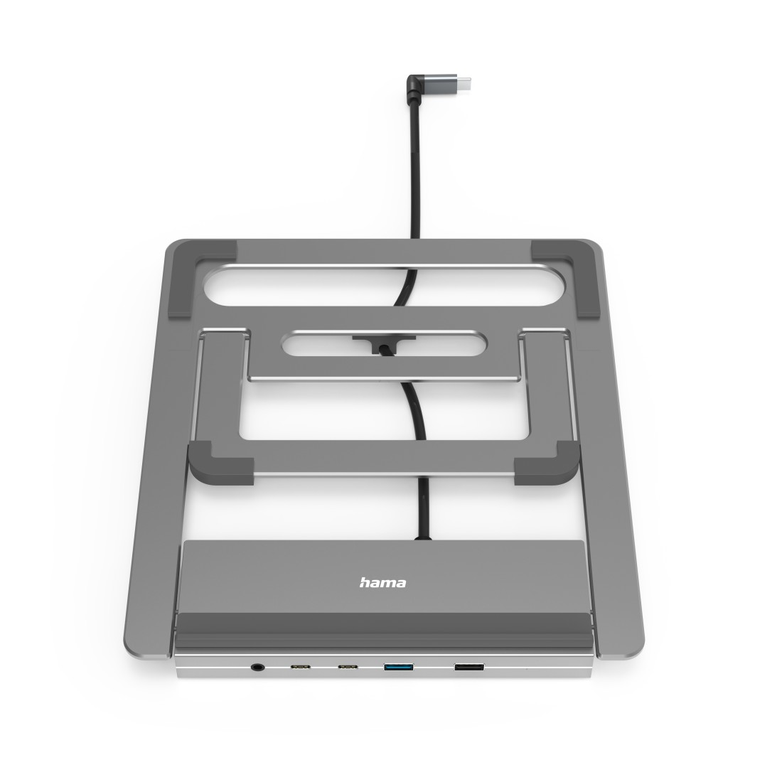 Grauer Laptop-Ständer mit Kabel, auf weißem Hintergrund. Unterteil hat Anschlüsse.