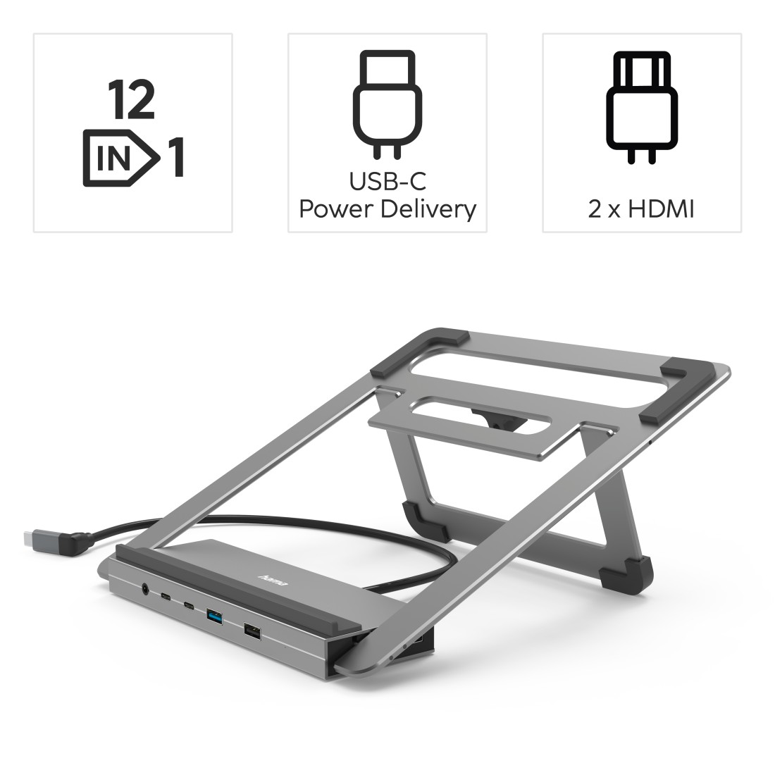 Silberner Laptopständer mit Hub und Icons für Anschlüsse und Funktionen.