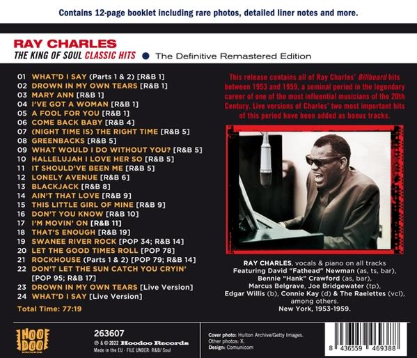 Pochette d'album de Ray Charles, photo en noir et blanc de Ray Charles, liste des titres. Texte: The King of Soul Classic Hits.
