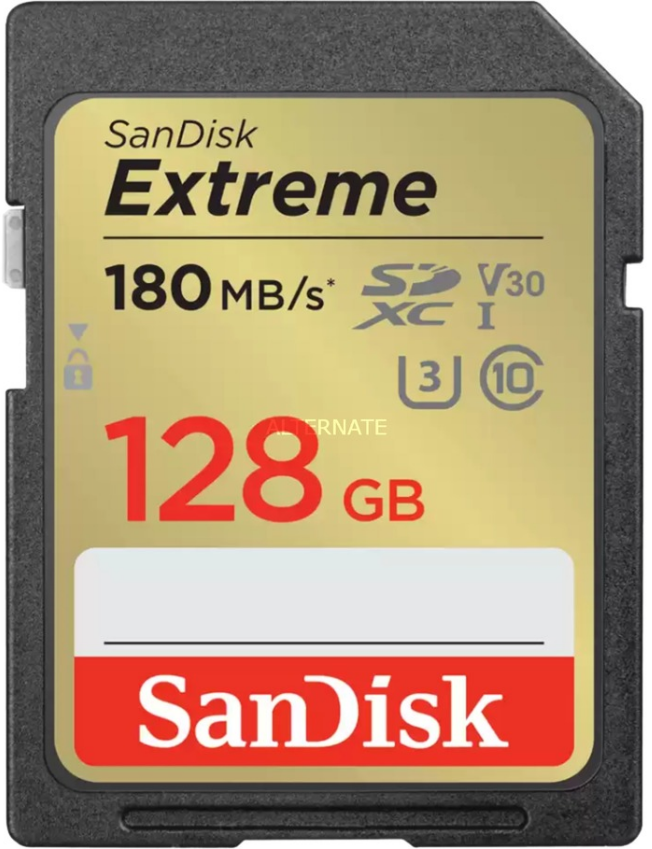 SanDisk Extreme SD-Karte, gold und schwarz, mit Text und Spezifikationen.